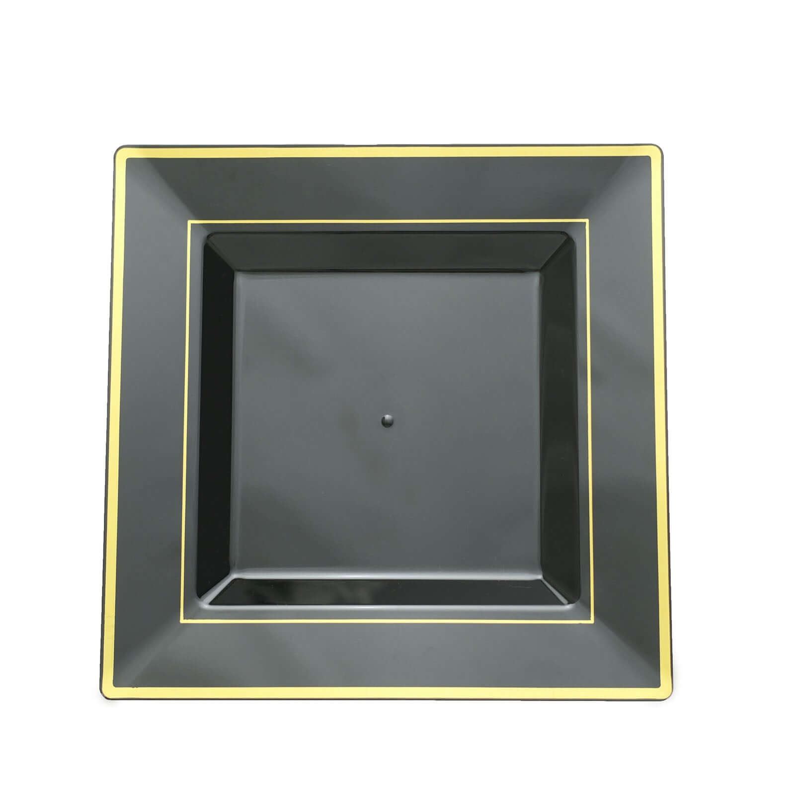 10-Pack Plastic Dinner Plates Black Square with Gold Trim - Lightweight Disposable Plates for Events 10"