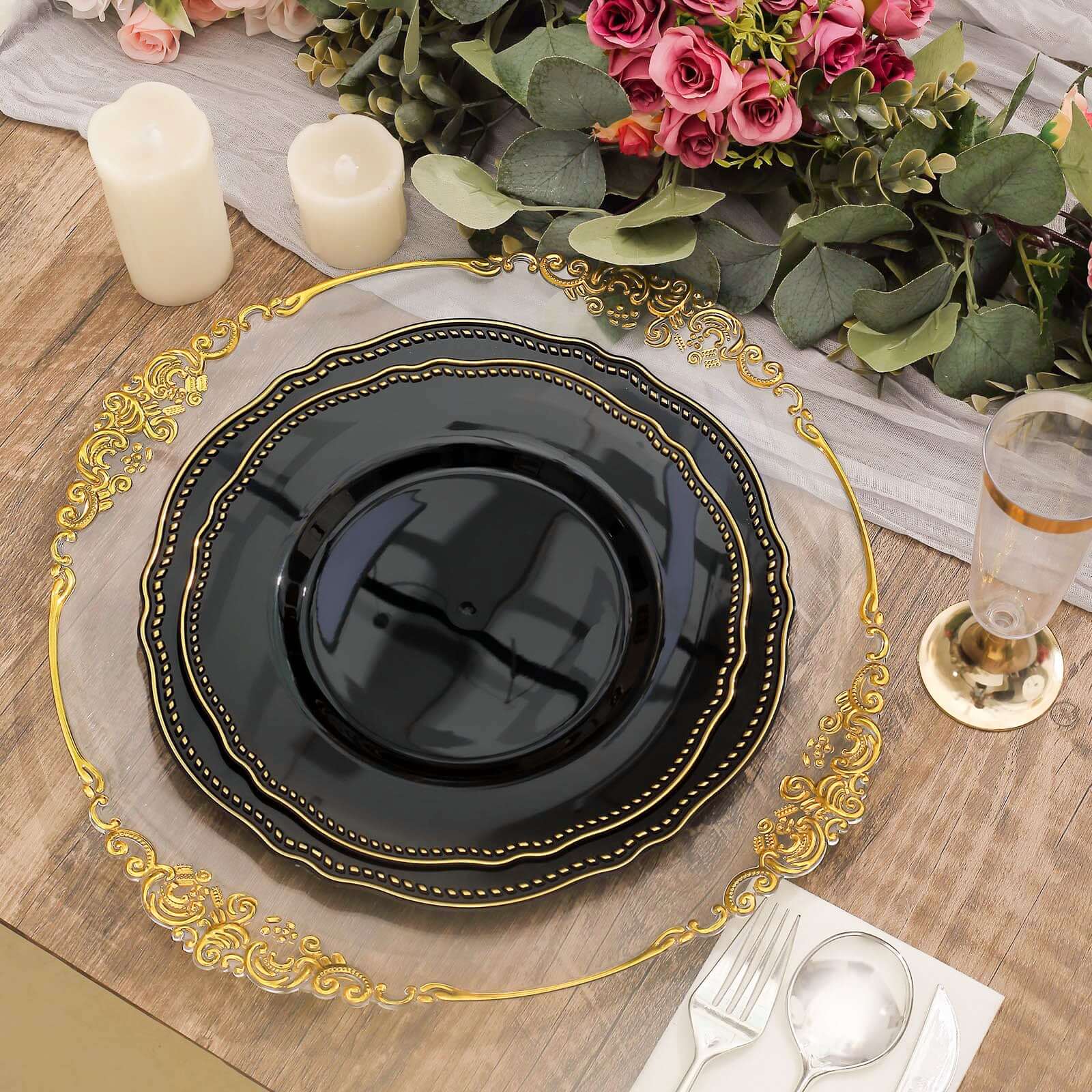 10-Pack Plastic Dinner Plates in Black with Gold Scalloped Rim - Disposable Party Plates for Upscale Events & Banquets 9"