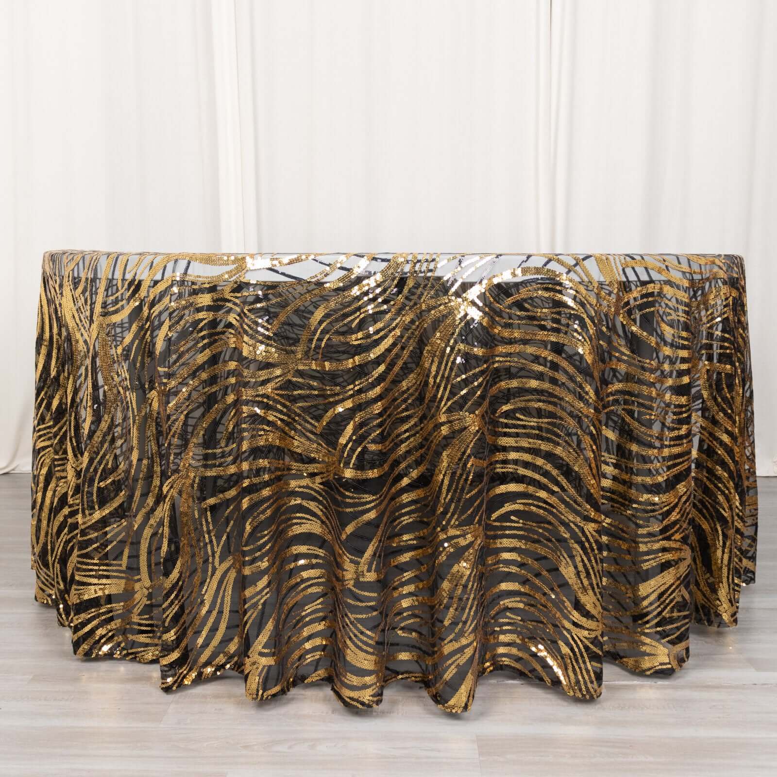 Sequin Mesh 120" Round Tablecloth Black/Gold - Seamless Wave Embroidered Table Cover