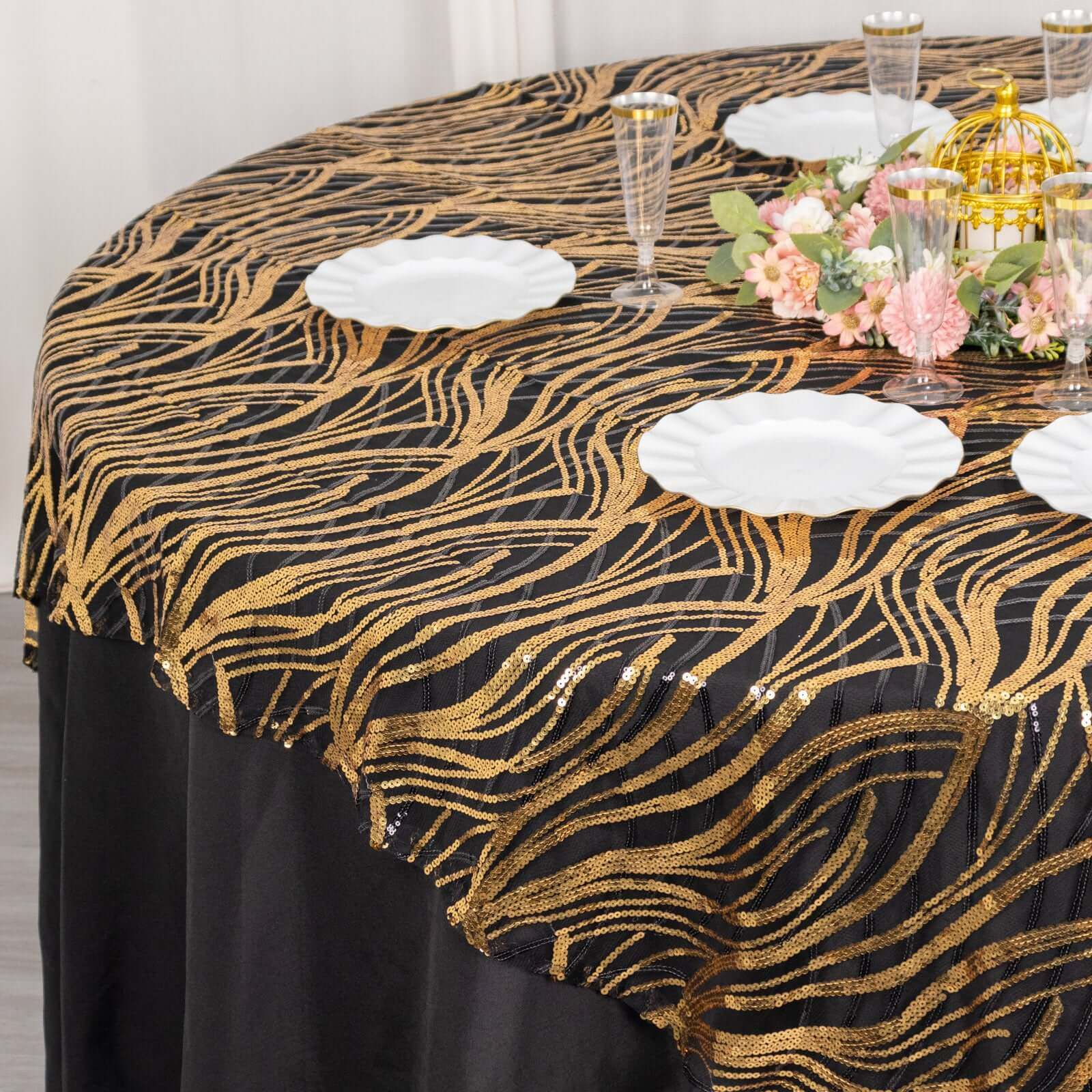 Mesh 72"x72" Table Overlay Square Tablecloth Black Gold - Wave Embroidered Sequins Table Topper