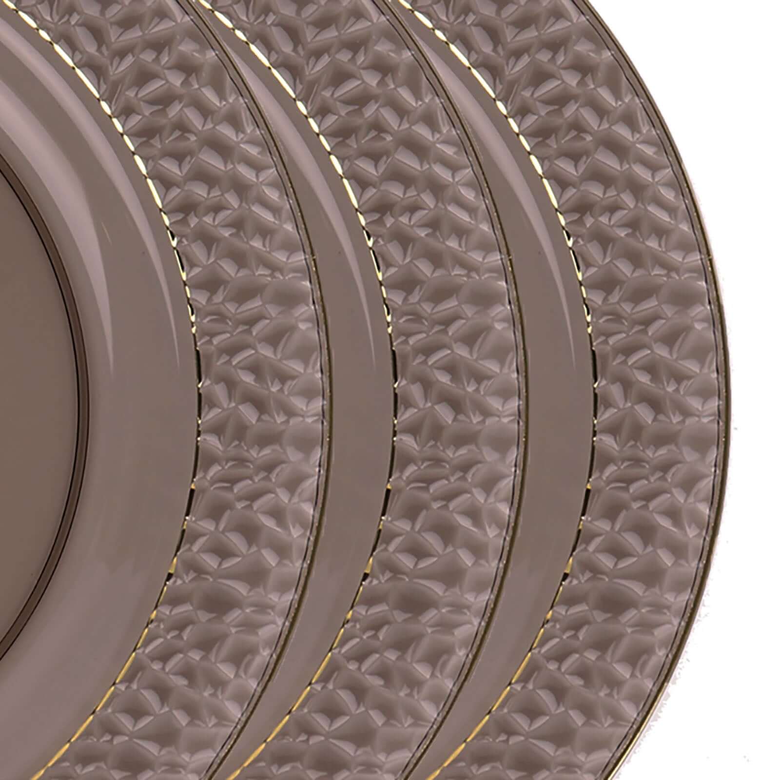 10-Pack Plastic 10" Round Dinner Plates in Opaque Black Hammered Design with Gold Rim - Disposable Party Plates for Chic Banquets & Special Occasions