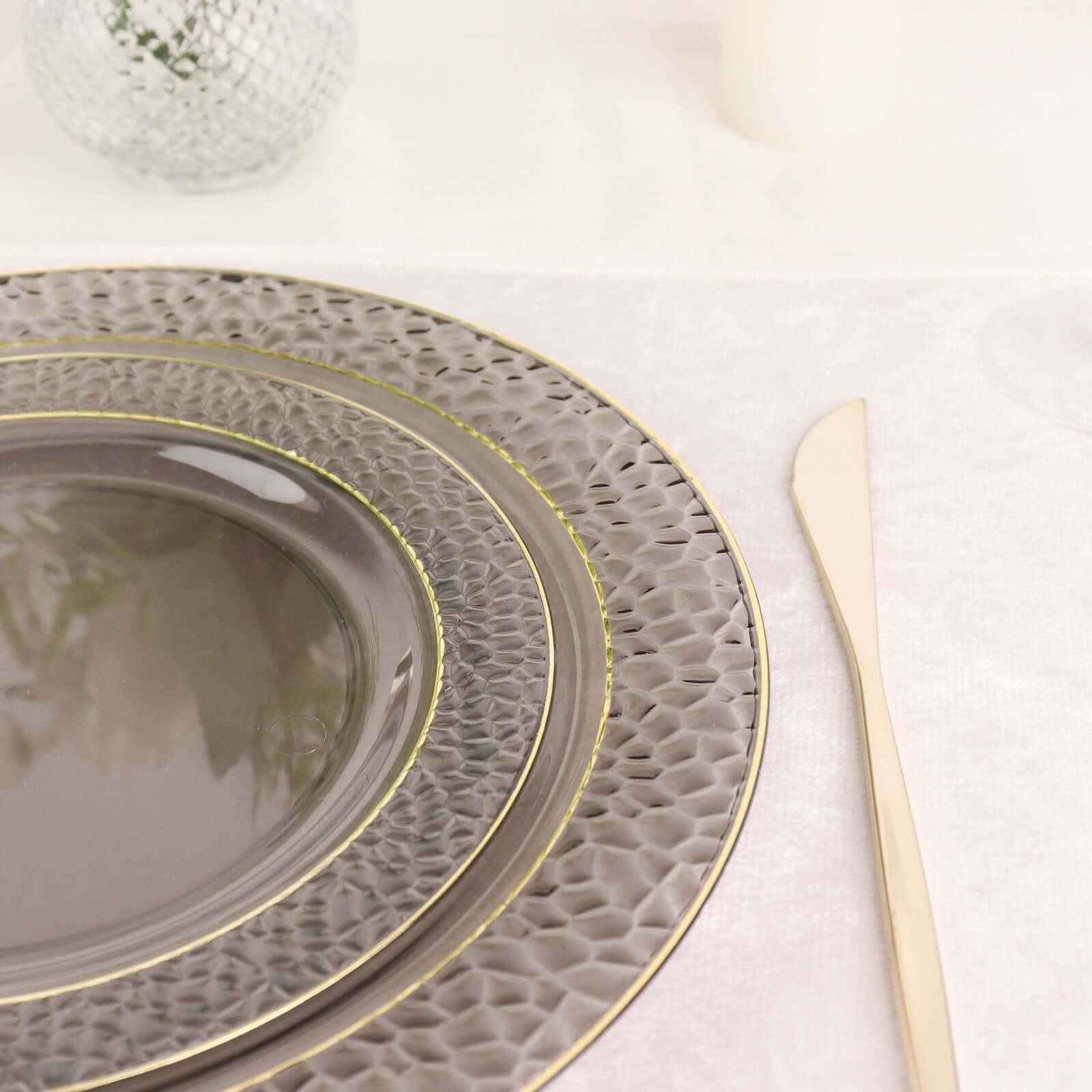 10-Pack Plastic 10" Round Dinner Plates in Opaque Black Hammered Design with Gold Rim - Disposable Party Plates for Chic Banquets & Special Occasions
