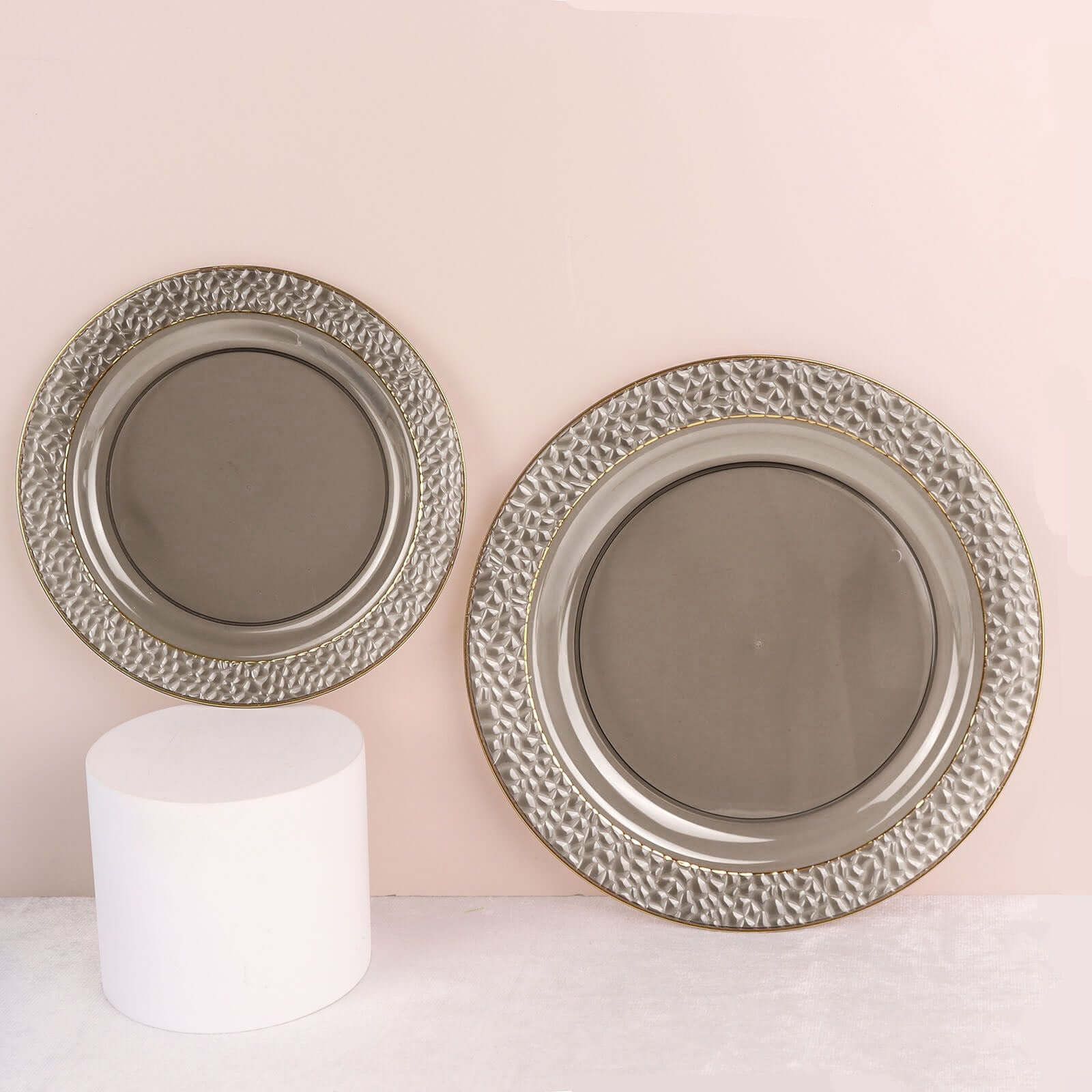 10-Pack Plastic 10" Round Dinner Plates in Opaque Black Hammered Design with Gold Rim - Disposable Party Plates for Chic Banquets & Special Occasions