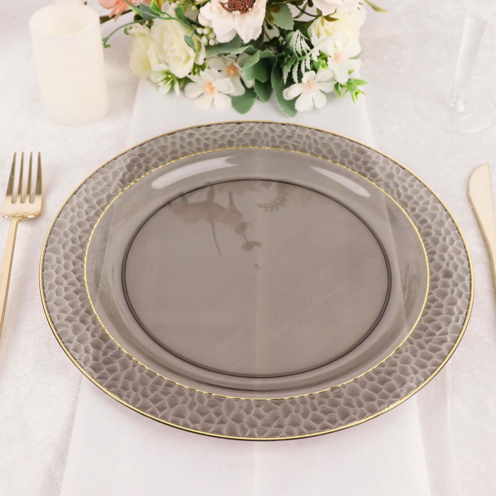 10-Pack Plastic 10" Round Dinner Plates in Opaque Black Hammered Design with Gold Rim - Disposable Party Plates for Chic Banquets & Special Occasions