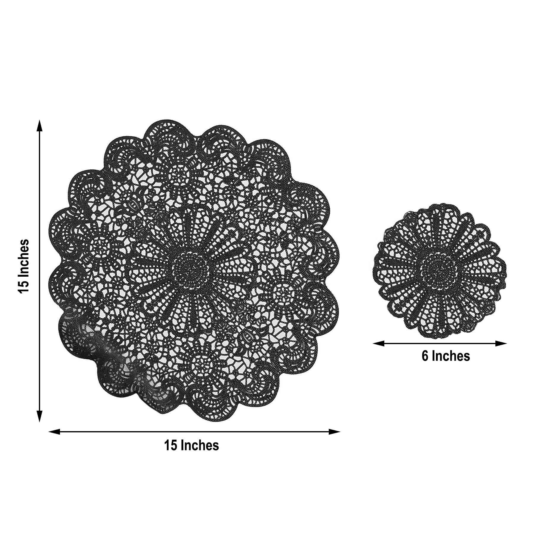 6-Pack Dining Table Mats Floral Lace Design Black - Vinyl Non-Slip Surface with Vintage Appeal 15"