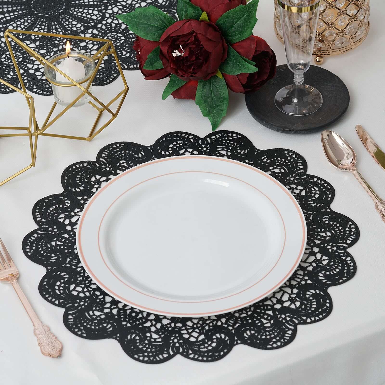 6-Pack Dining Table Mats Floral Lace Design Black - Vinyl Non-Slip Surface with Vintage Appeal 15"
