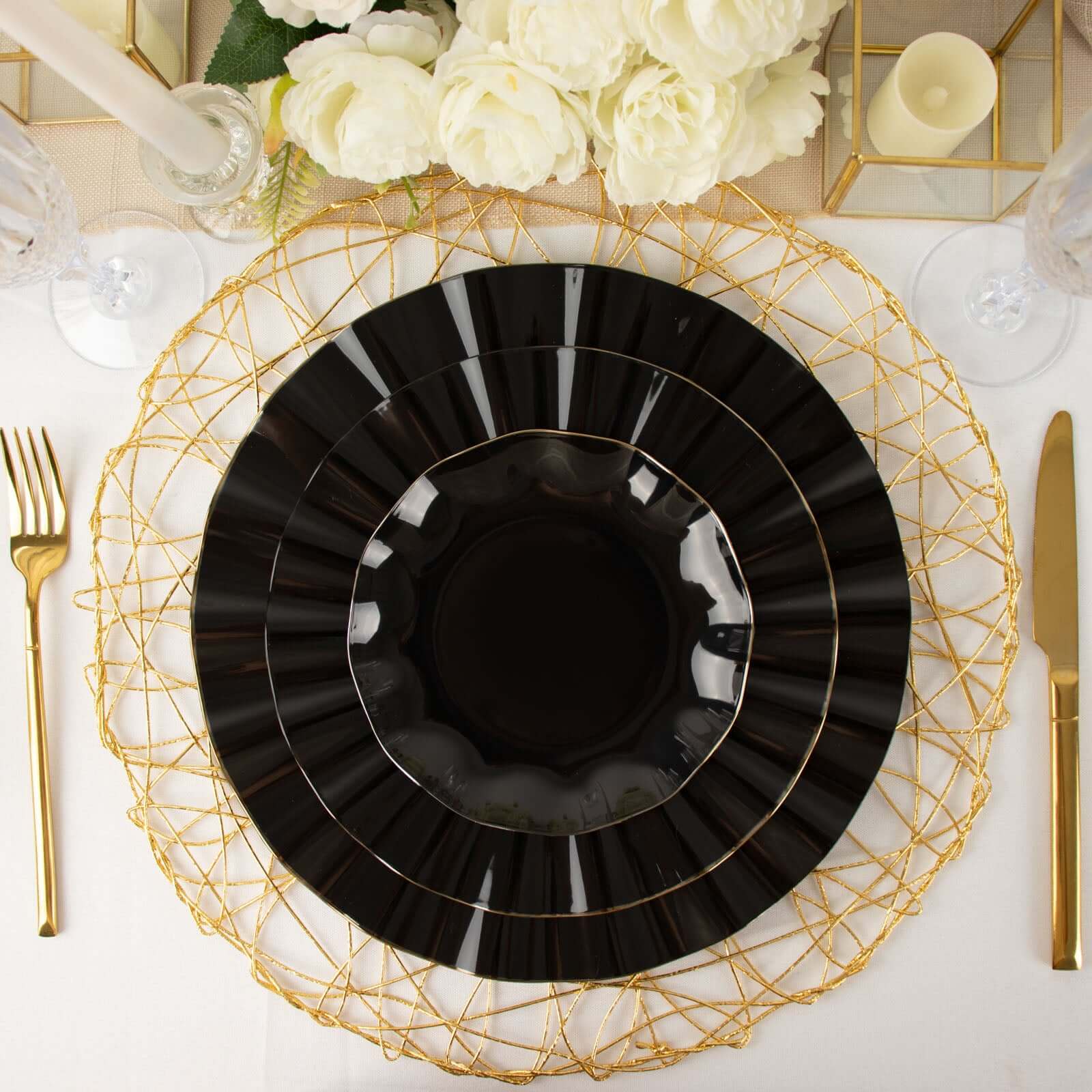 10-Pack Plastic 9" Round Dinner Plates in Black Ruffled Rim with Gold Edging - Sturdy Disposable Dinnerware