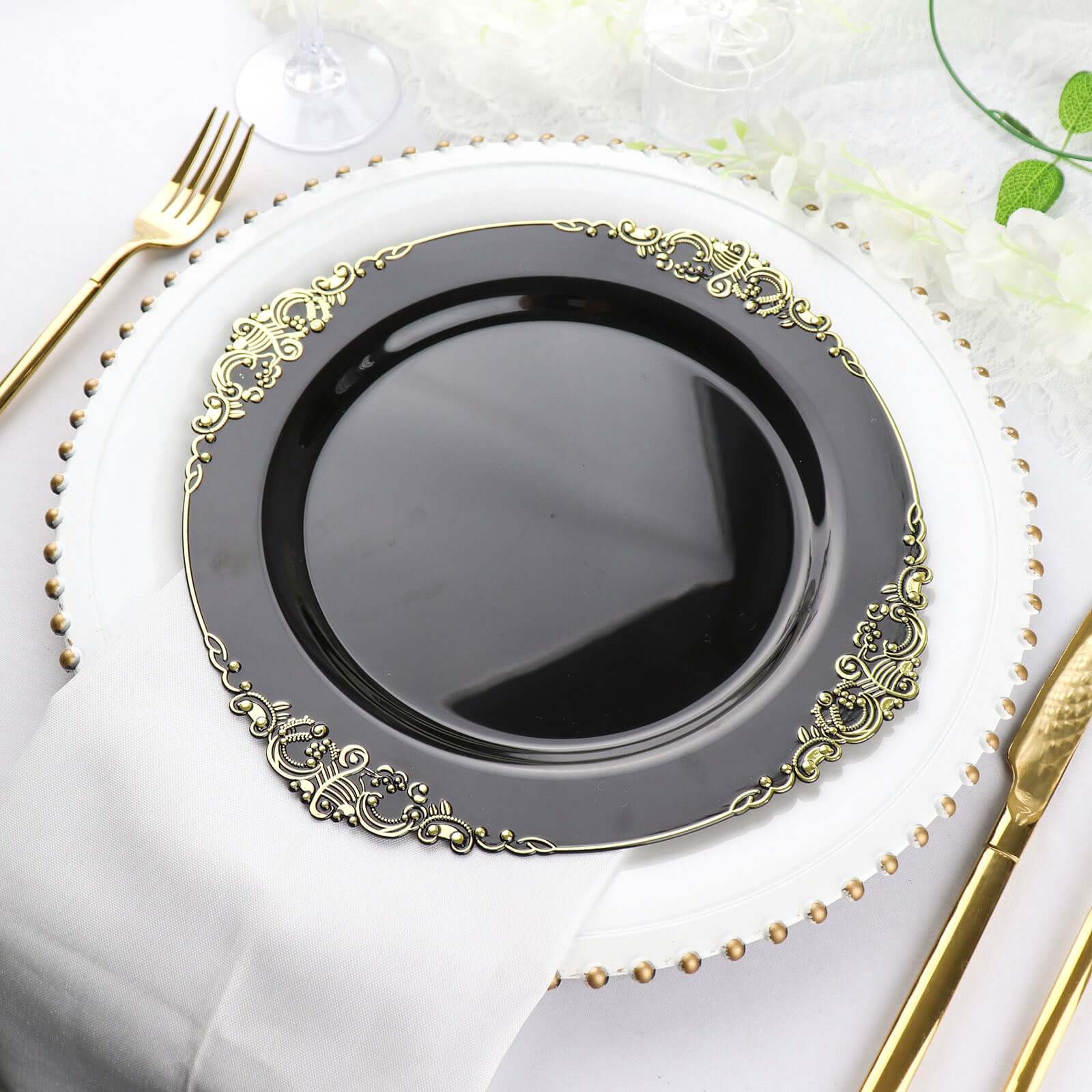 10-Pack Plastic 10" Round Dinner Plates in Black with Gold Leaf Embossed Rim - Disposable Vintage Baroque Style Plates for Luxurious Gatherings & Events