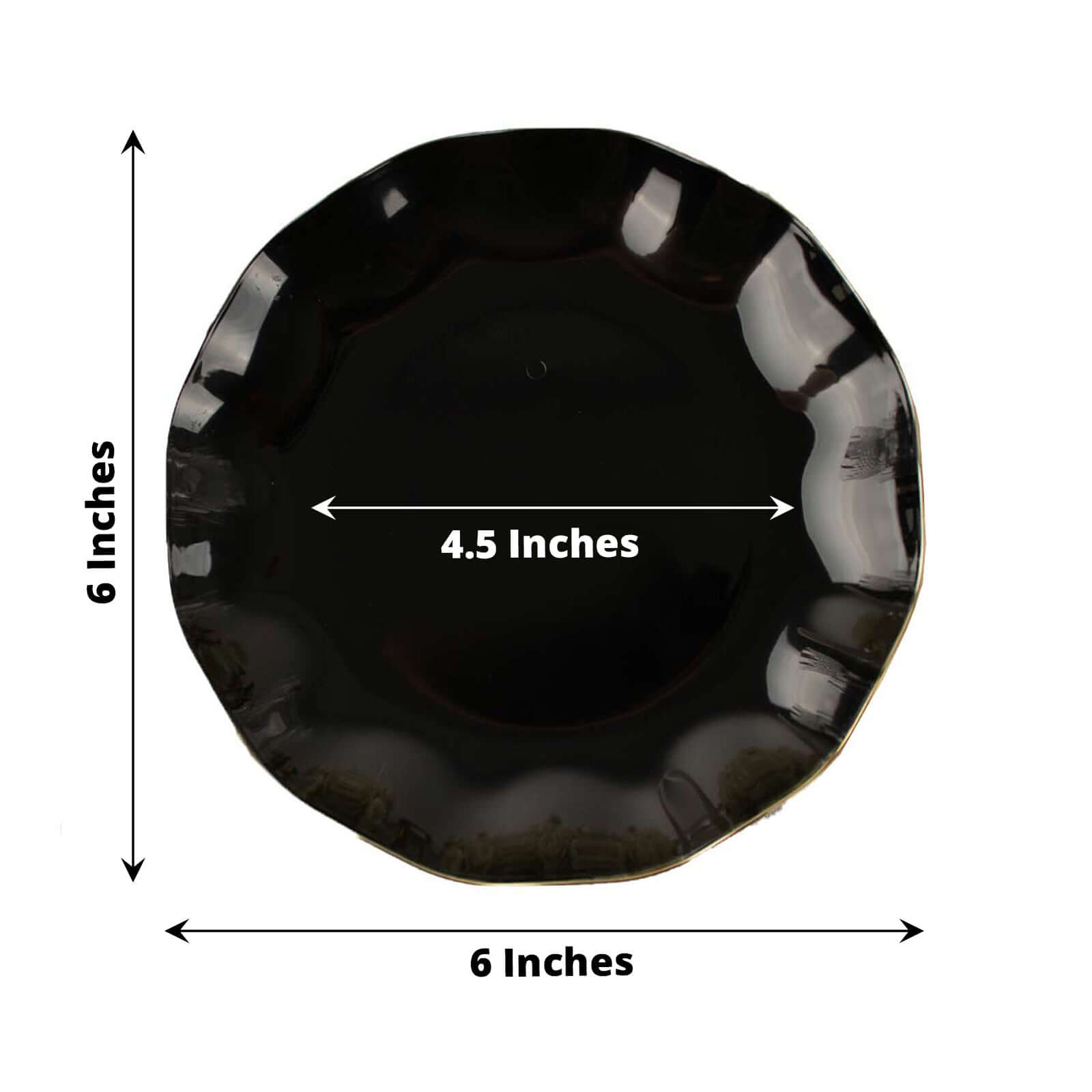 10-Pack Plastic Round 6" Dessert Plates in Black Ruffled Rim with Gold Edging - Sturdy Disposable Salad Appetizer Dinnerware