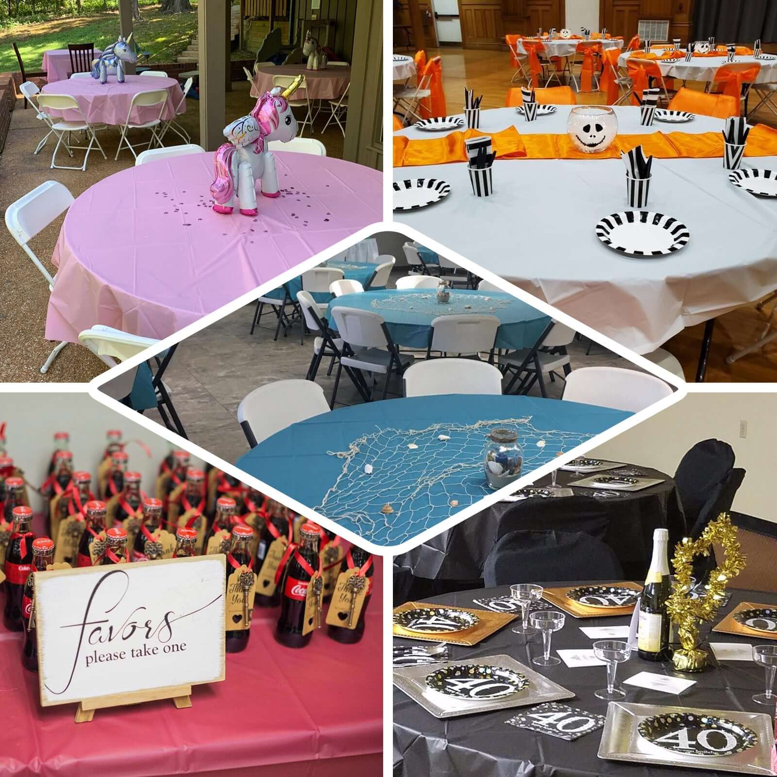 5-Pack Plastic Table Covers Black Round - Durable PVC Disposable Tablecloths for Events 84"
