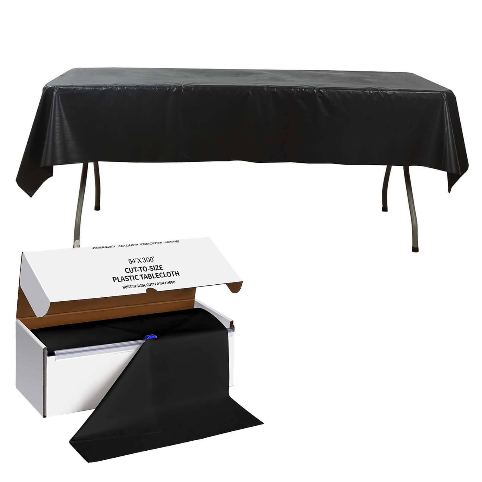 Plastic Table Cover Roll Black with Slide Cutter - Customizable Disposable Tablecloth Roll 54"x300ft