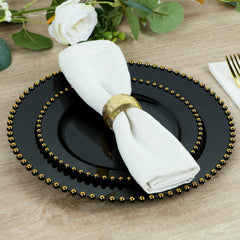 10-Pack Black Plastic Dessert Plates – 8" Round with Gold Beaded Rim, Disposable for Parties & Events