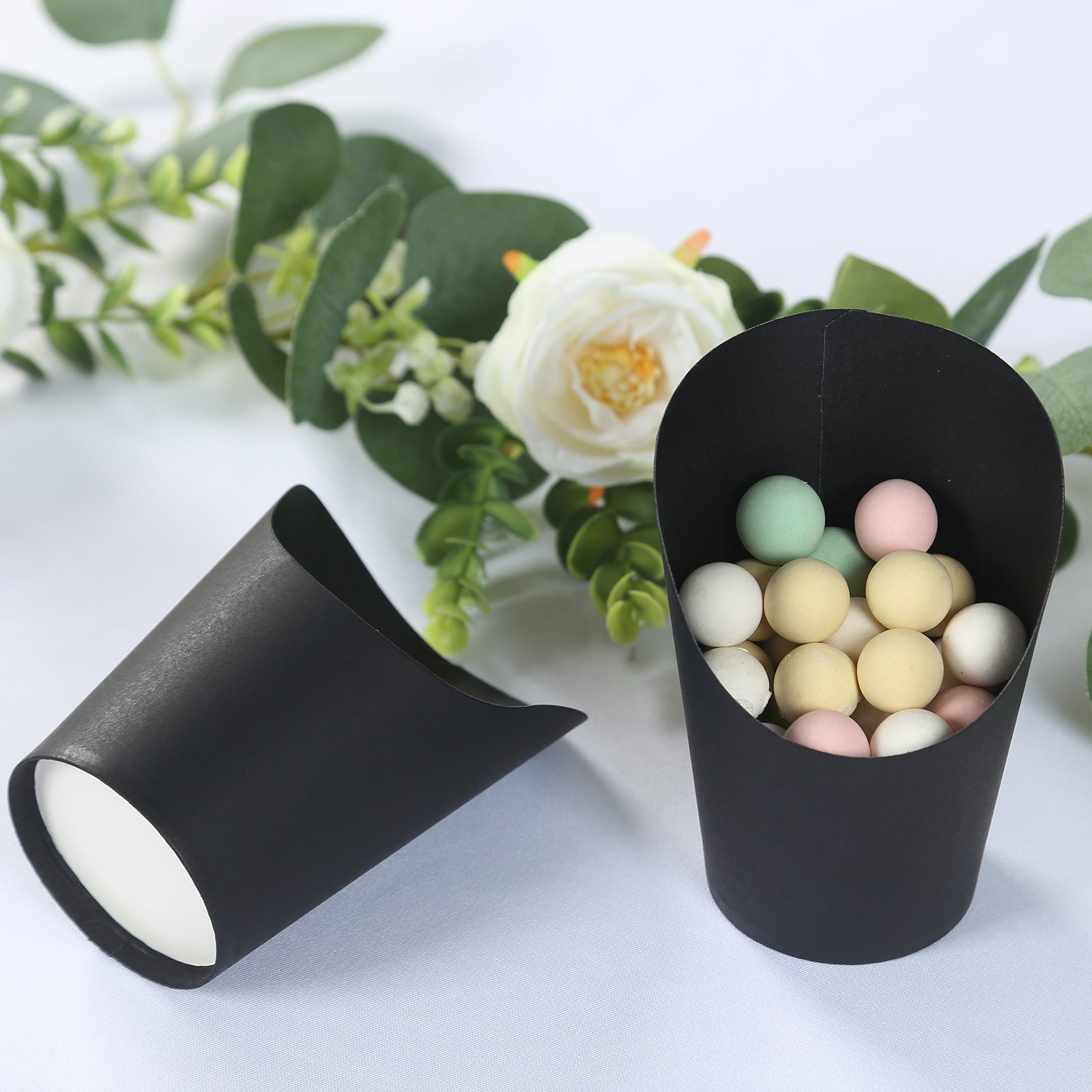 50-Pack Paper Popcorn Box Snack Cups Cone Design Black - Great for Appetizers 14oz