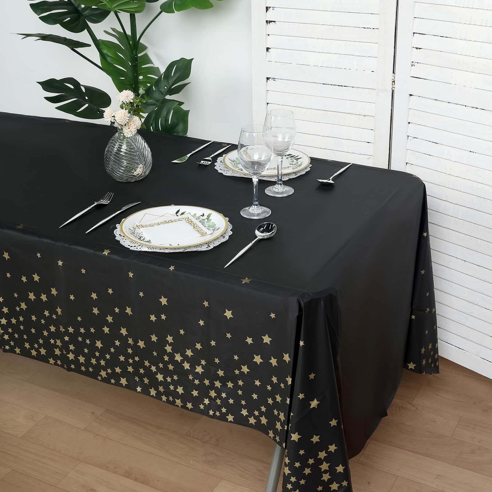 5-Pack Plastic Table Covers Black Rectangle with Gold Stars - Decorative PVC Disposable Tablecloths 54"x108"