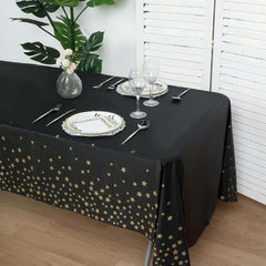 5-Pack Plastic Table Covers Black Rectangle with Gold Stars - Decorative PVC Disposable Tablecloths 54"x108"