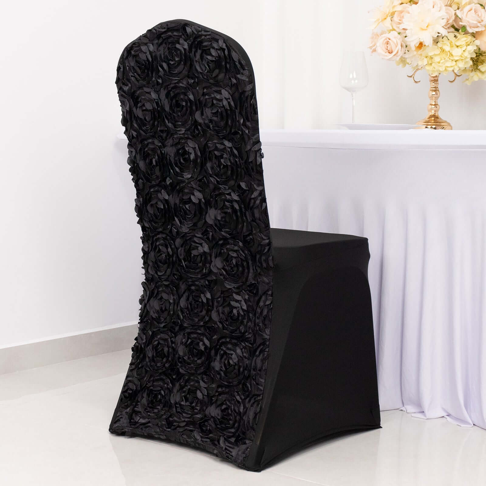 Satin Rosette Chair Cover for Banquet Chairs Black - Stretch Fitted Slip-On Slipcover