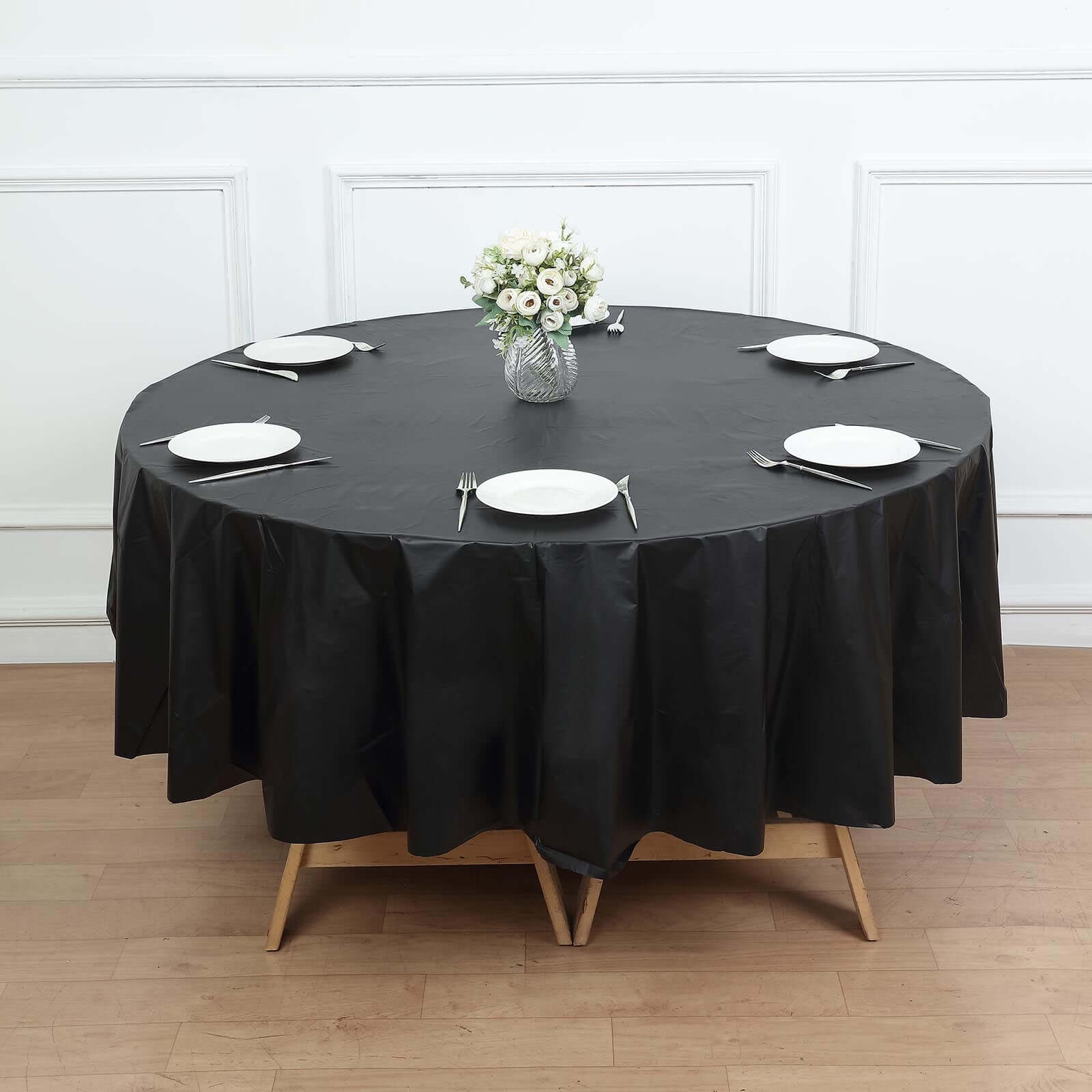 5-Pack Plastic Table Covers Black Round - Durable PVC Disposable Tablecloths for Events 84"