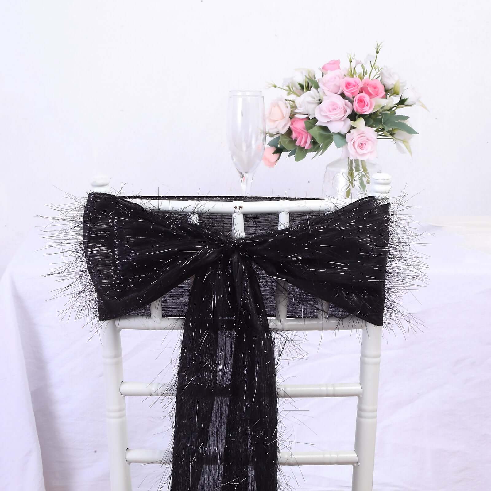 5 Pack Polyester Chair Sashes Black Metallic Tinsel Fringe - Easy to Use Chair Bows 6"x108"
