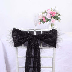 5 Pack Polyester Chair Sashes Black Metallic Tinsel Fringe - Easy to Use Chair Bows 6"x108"