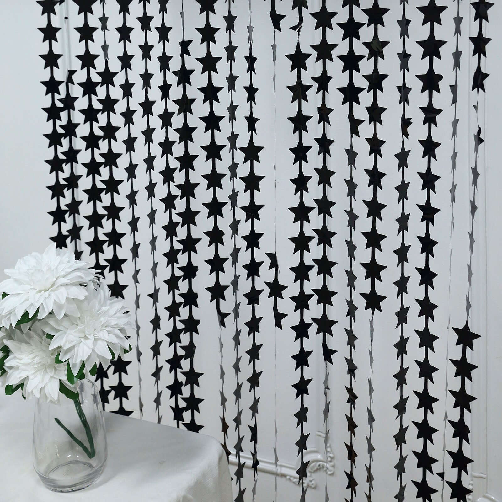 Black Star Chain Foil Fringe Curtain Party Backdrop, Metallic Black Tinsel Streamer Party Decor - Door Window Foil Curtain - 3ftx6.5ft
