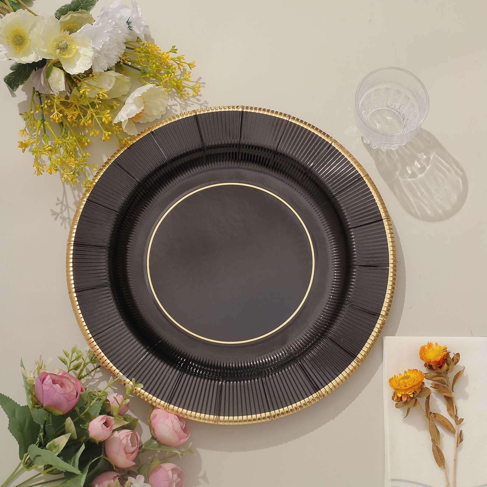 25-Pack Disposable Round Charger Plates in Black Sunray Design with Gold Rim - 350GSM Heavy Duty Paper Chargers 13"