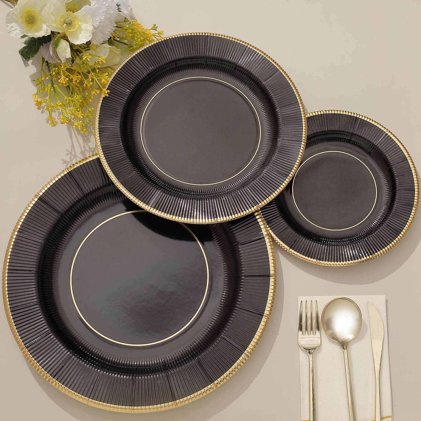 25-Pack Disposable Round Charger Plates in Black Sunray Design with Gold Rim - 350GSM Heavy Duty Paper Chargers 13"