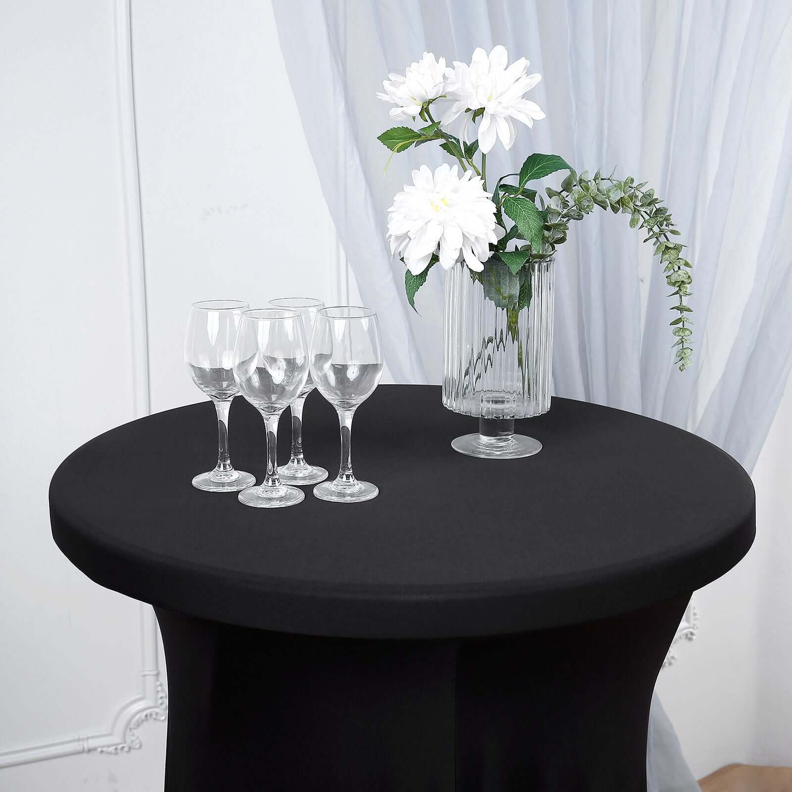 Spandex 30" Round Cocktail Table Cover Skirt Black With Natural Wavy Drapes