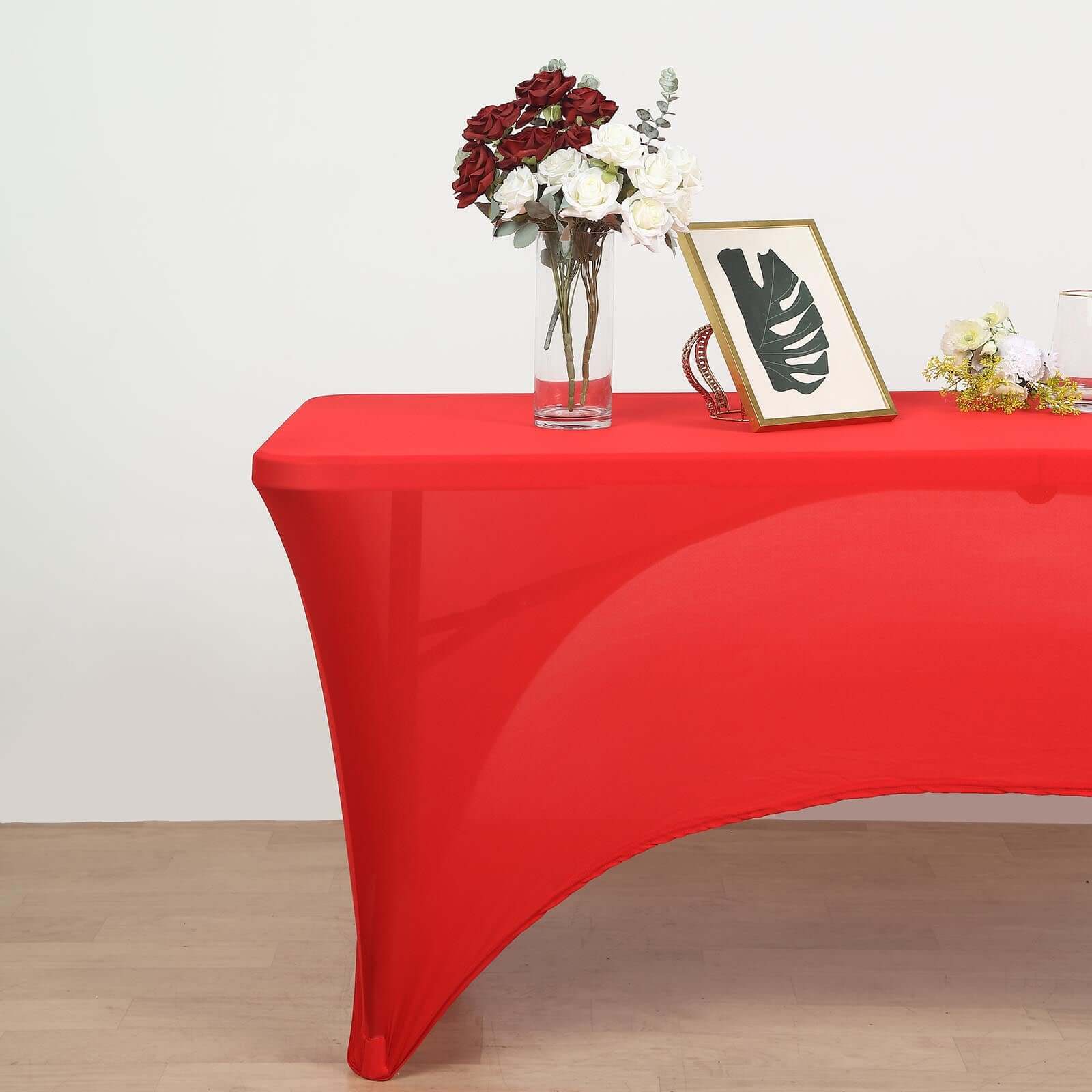 Stretch Spandex 96"x30" Rectangle Table Cover Red with Curved Open Back Design Tailored Professional Look