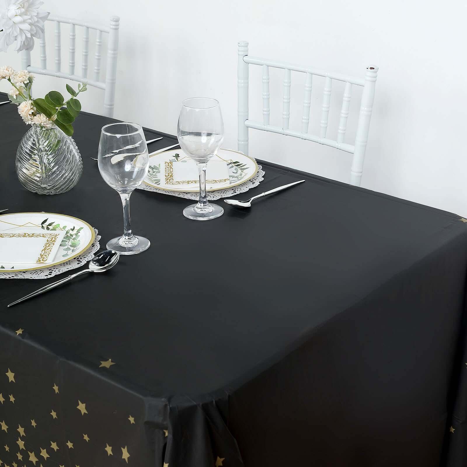 5-Pack Plastic Table Covers Black Rectangle with Gold Stars - Decorative PVC Disposable Tablecloths 54"x108"