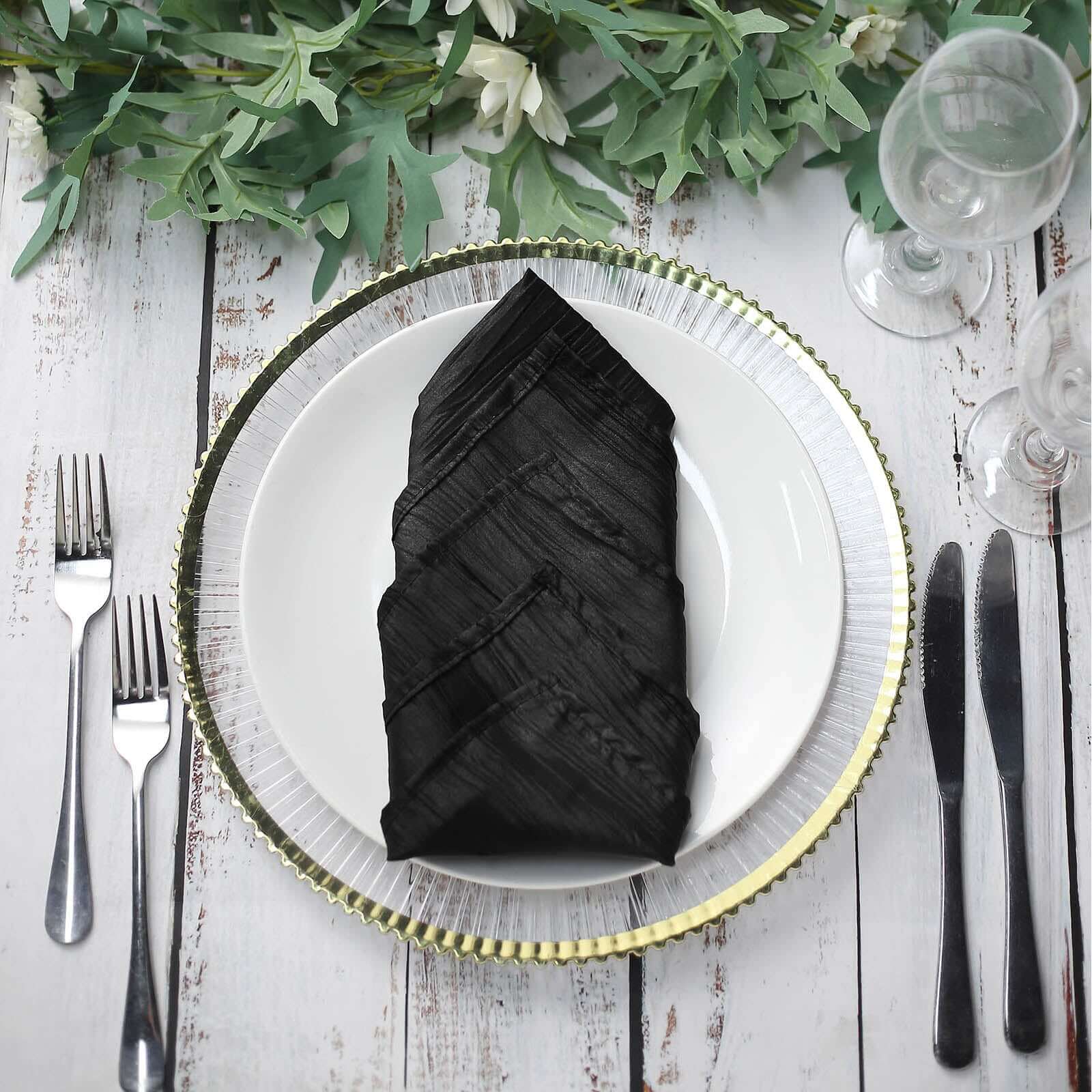 5 Pack Taffeta 20"x20" Napkins Black - Accordion Crinkle Dinner Napkins