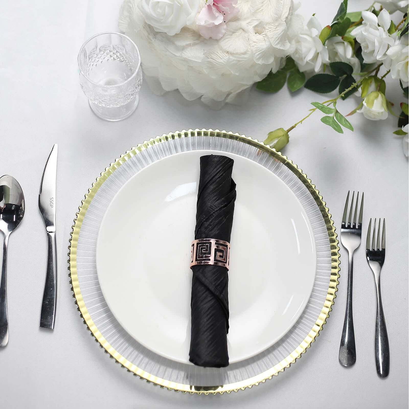 5 Pack Taffeta 20"x20" Napkins Black - Accordion Crinkle Dinner Napkins