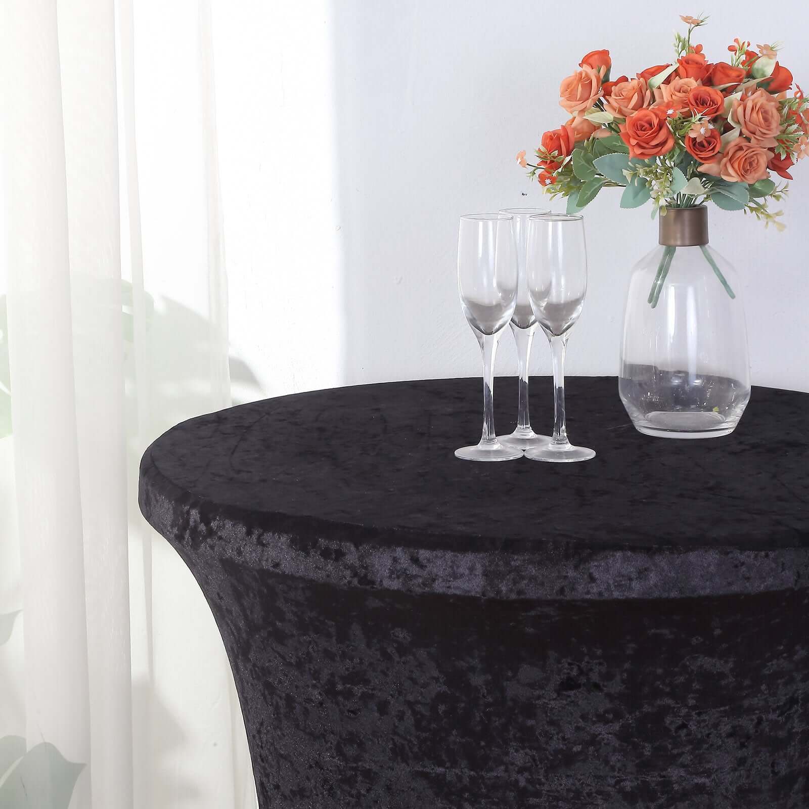 Crushed Velvet Spandex 30" Round Cocktail Table Cover Black Smooth Highboy Tablecloth