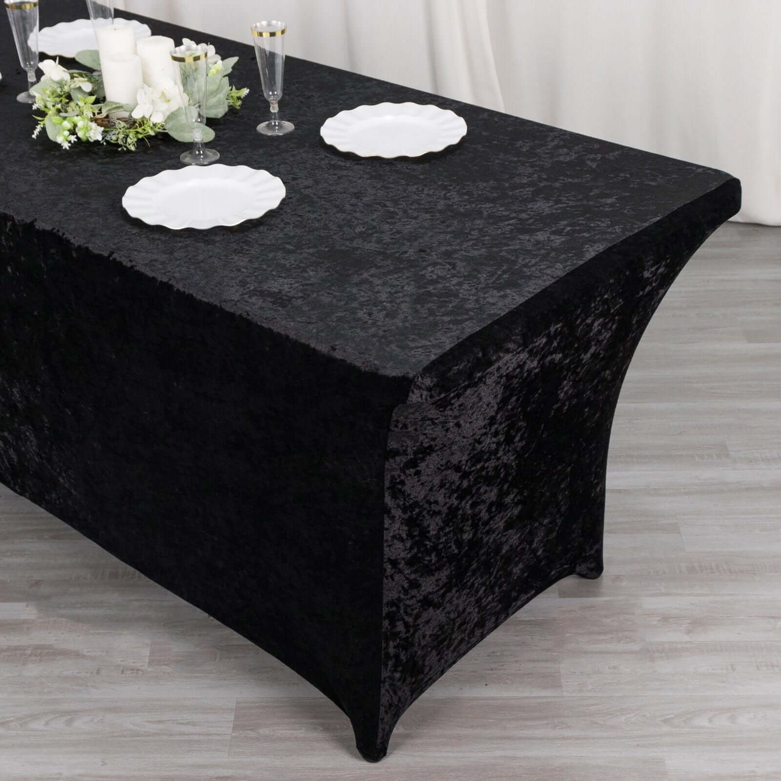 Crushed Velvet Fitted Rectangular 6ft Table Cover Black - Wrinkle-Free Stretchy Tablecloth