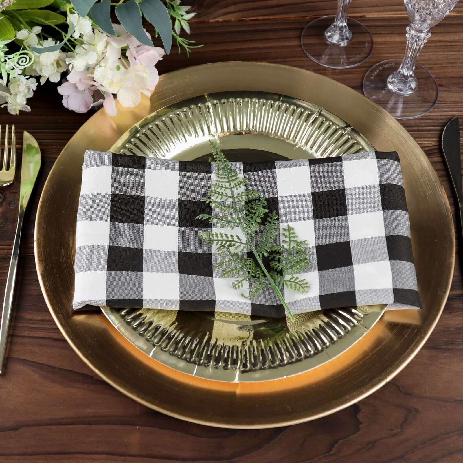 5 Pack Polyester 15"x15" Napkins Black/White Buffalo Plaid Gingham Style Cloth Napkins for Casual & Outdoor Dining