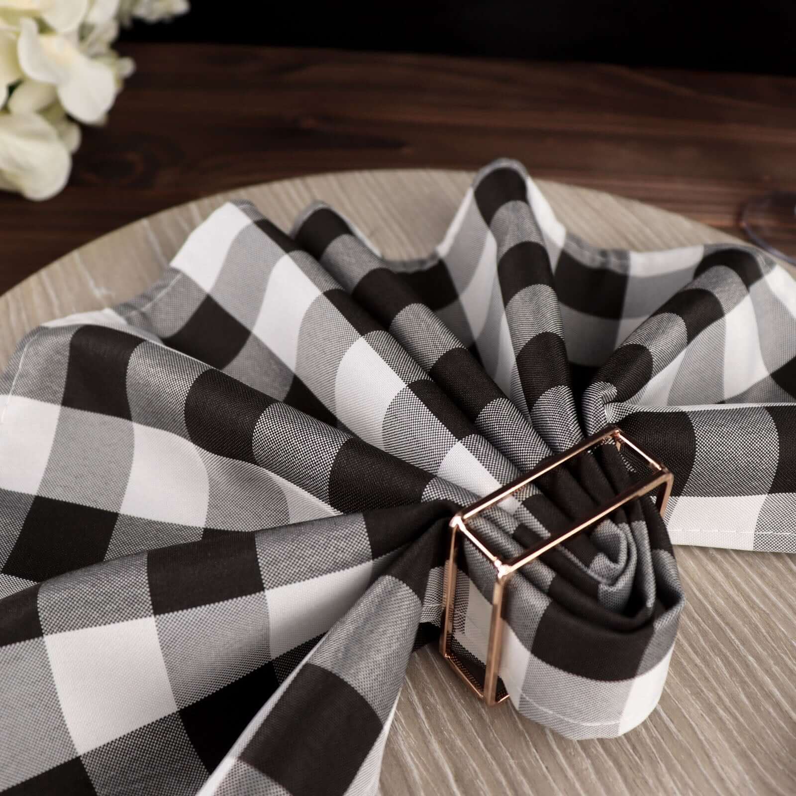 5 Pack Polyester 15"x15" Napkins Black/White Buffalo Plaid Gingham Style Cloth Napkins for Casual & Outdoor Dining