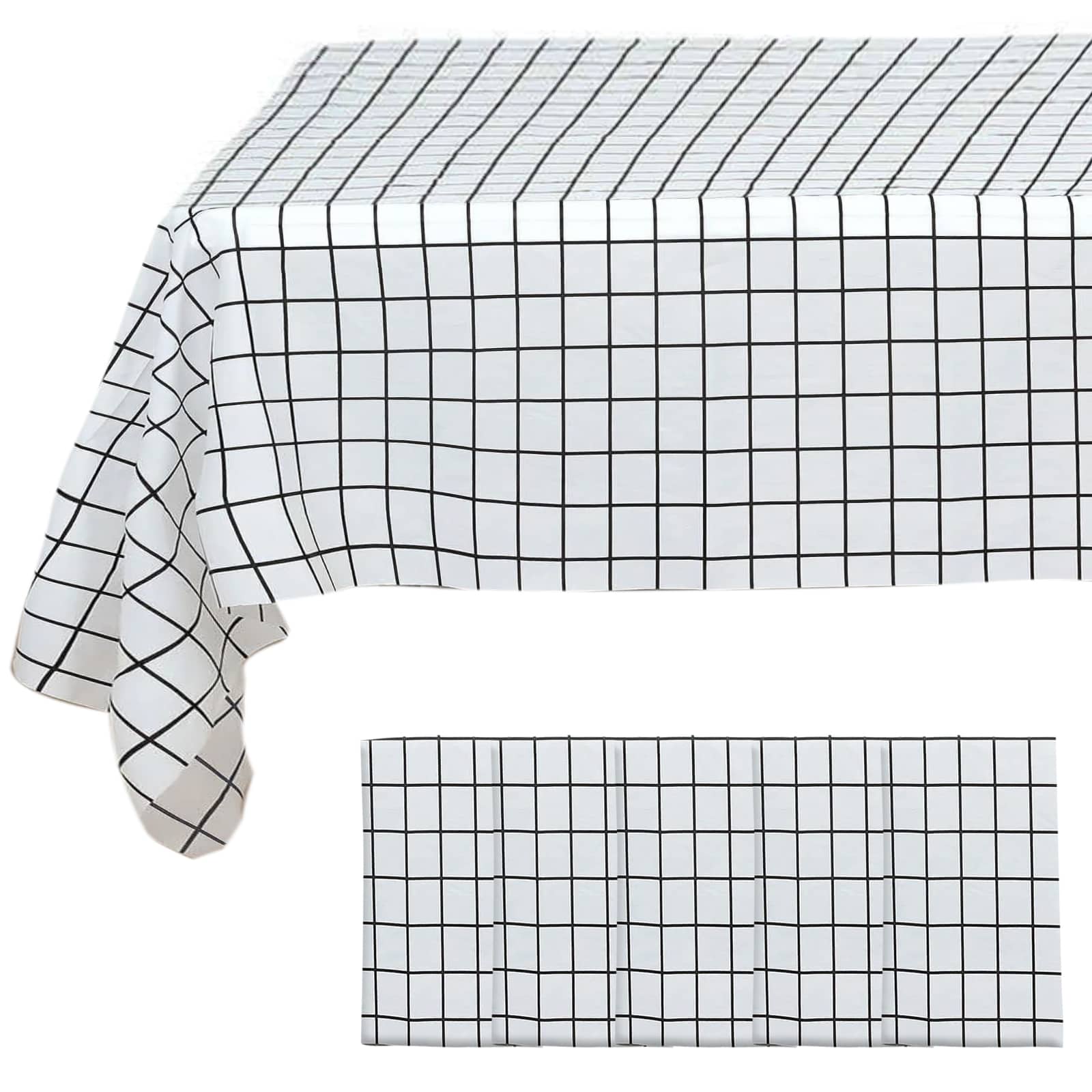 5-Pack Plastic Table Covers Black/White Grid Rectangle - Durable Checkered PVC Disposable Tablecloths 54"x108"