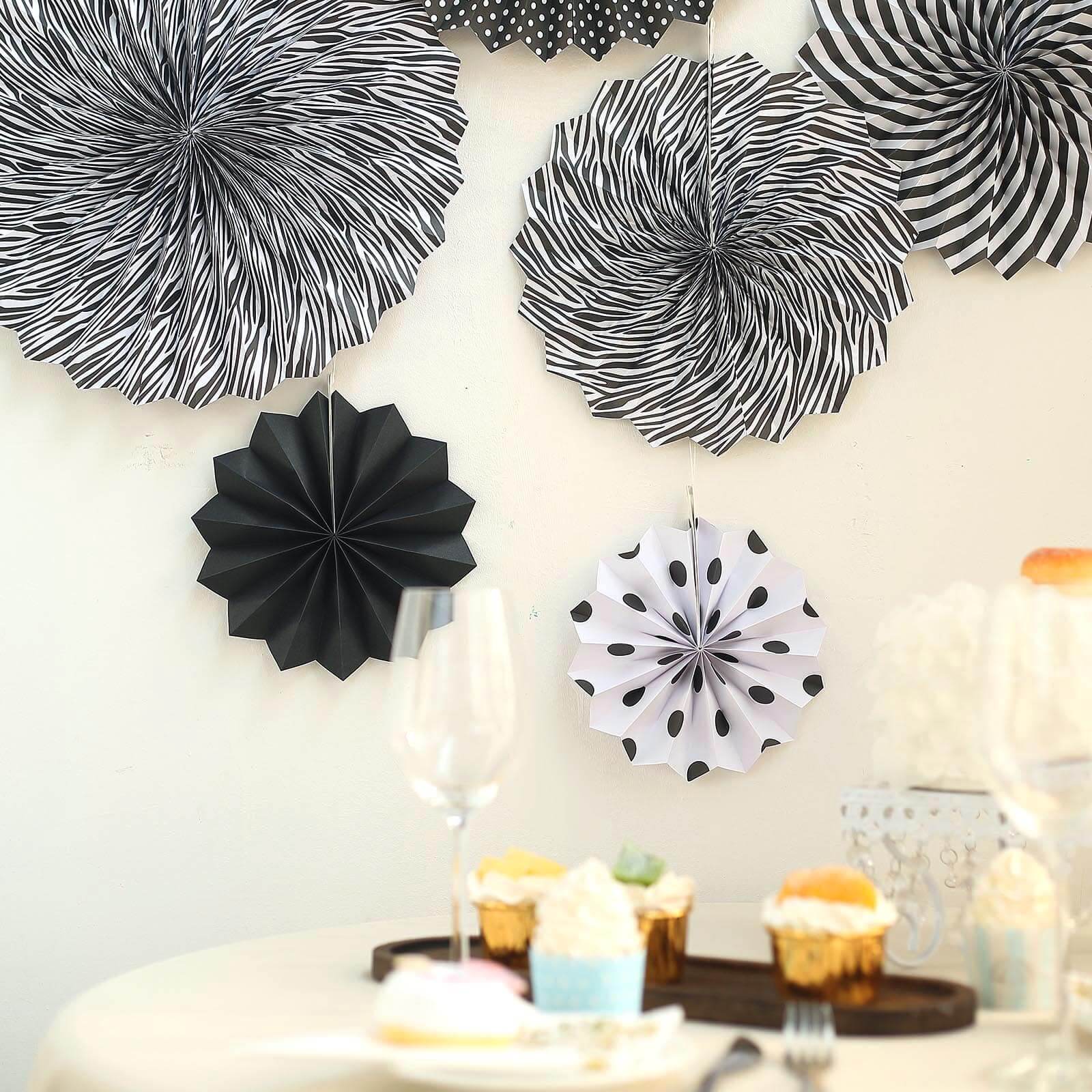 Set of 6 Black White Hanging Paper Fan Decorations, Pinwheel Wall Backdrop Party Kit - 8", 12", 16"