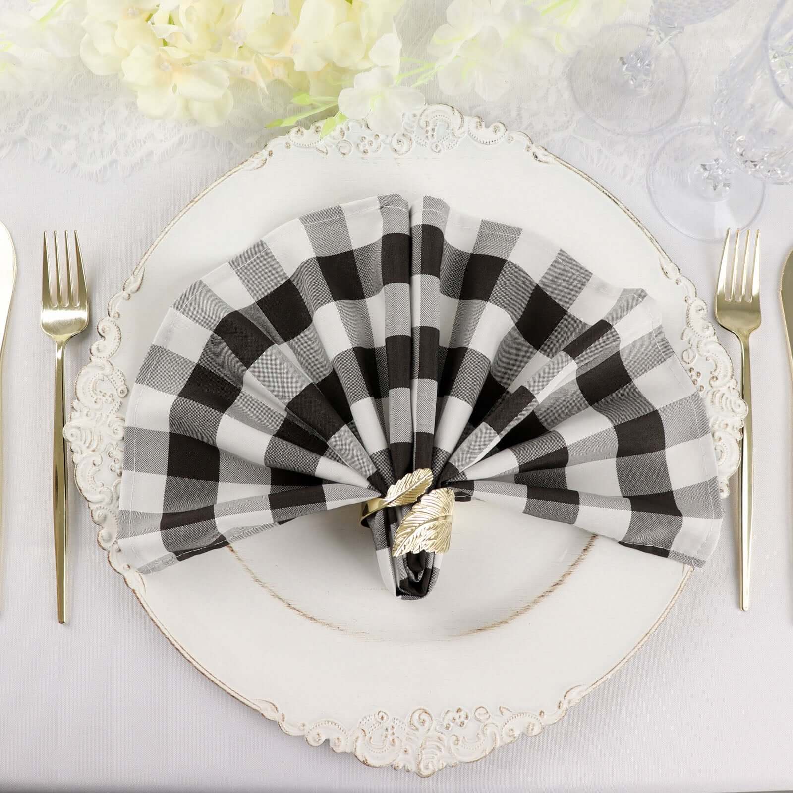 5 Pack Polyester 15"x15" Napkins Black/White Buffalo Plaid Gingham Style Cloth Napkins for Casual & Outdoor Dining