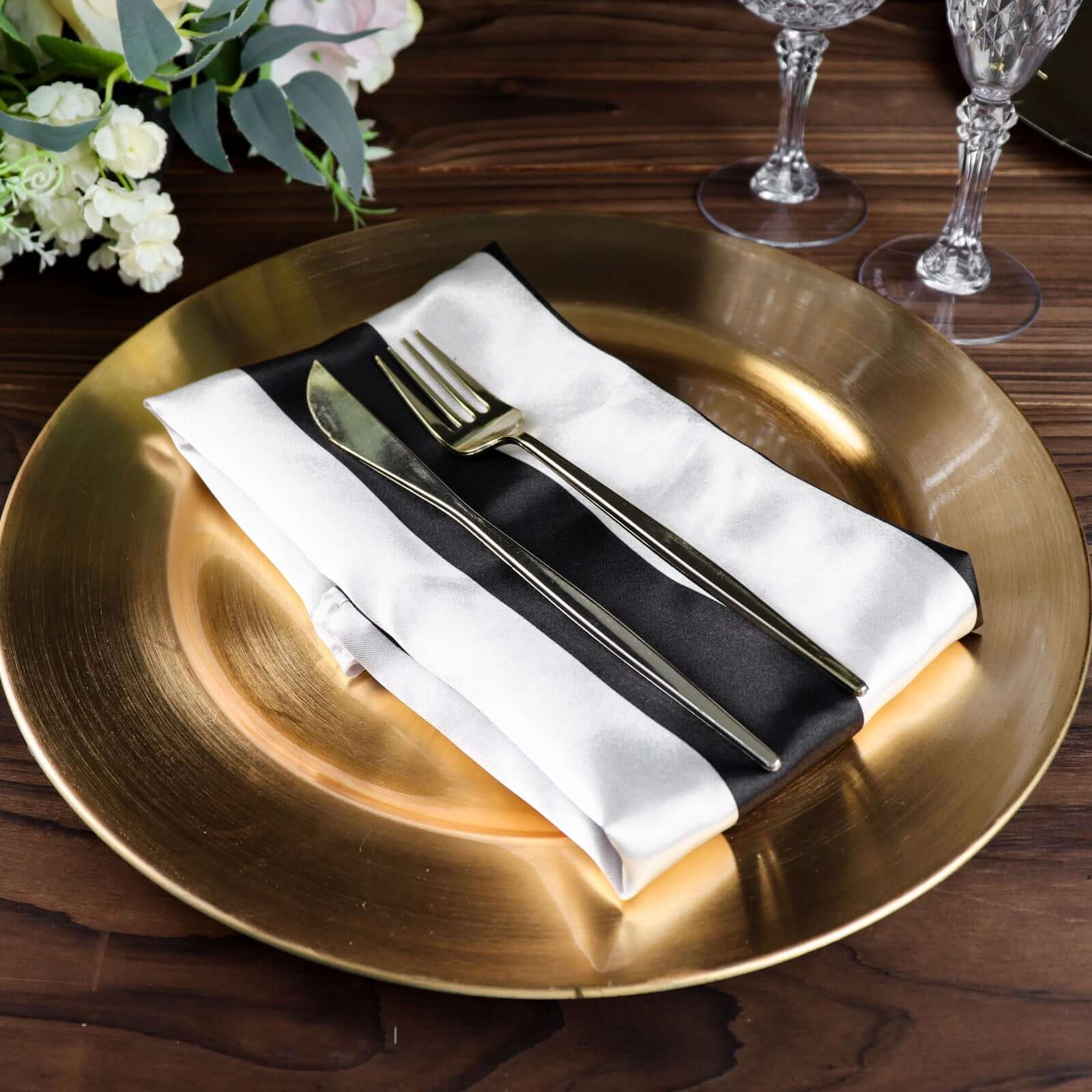 5 Pack Satin 20"x20" Napkins Black/White - Striped Reusable Dinner Napkins for Formal & Casual Dining