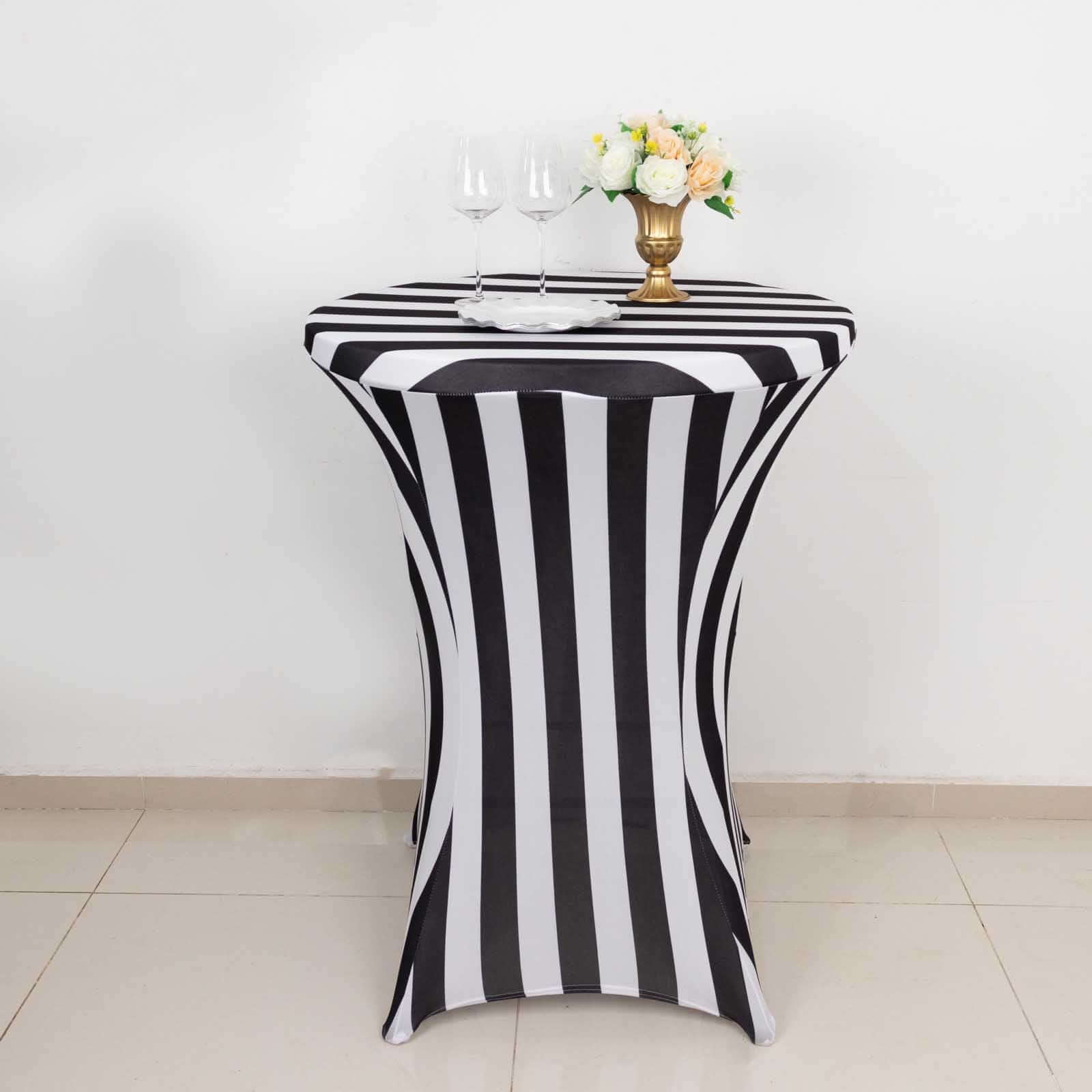 Spandex 30" Fitted Round Cocktail Table Cover Black/White Striped - Easy to Maintain Stretch Tablecloth