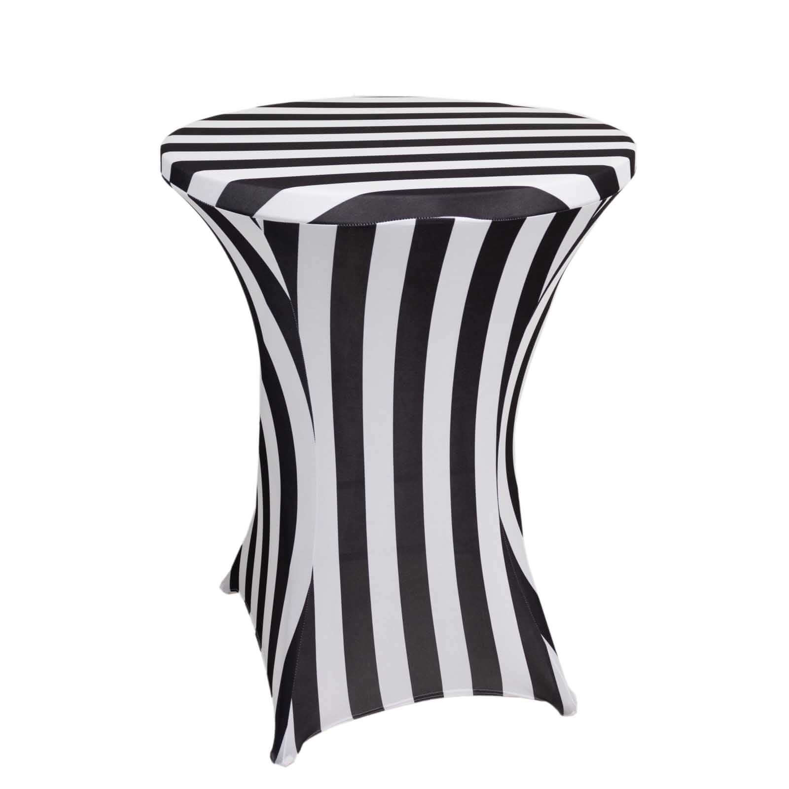 Spandex 30" Fitted Round Cocktail Table Cover Black/White Striped - Easy to Maintain Stretch Tablecloth