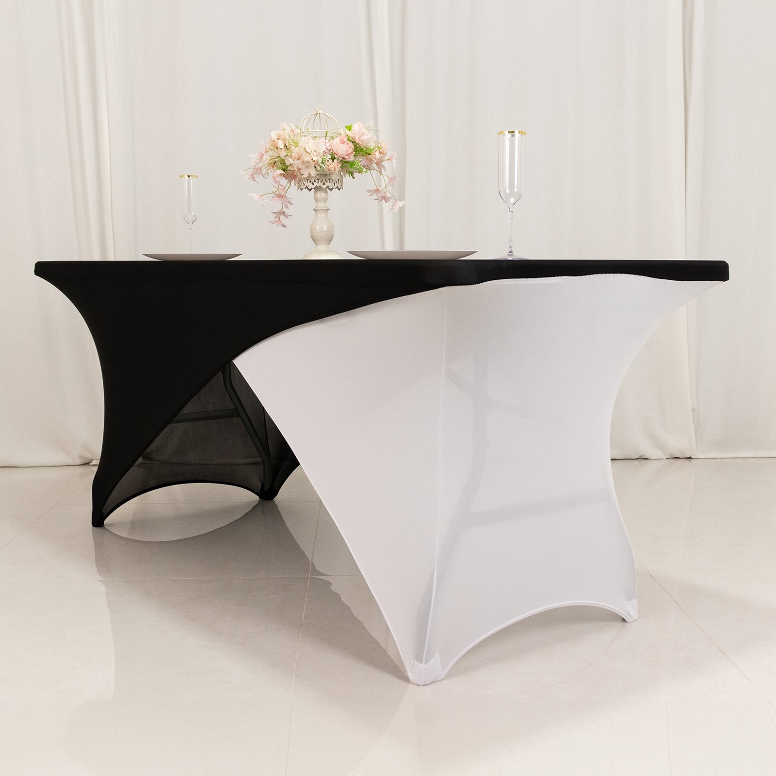 Stretch Spandex 72"x30" Rectangle Table Cover Black/White Cross Over Design - Versatile & Sleek Two-Piece Fitted Tablecloth with Elastic Foot Pockets