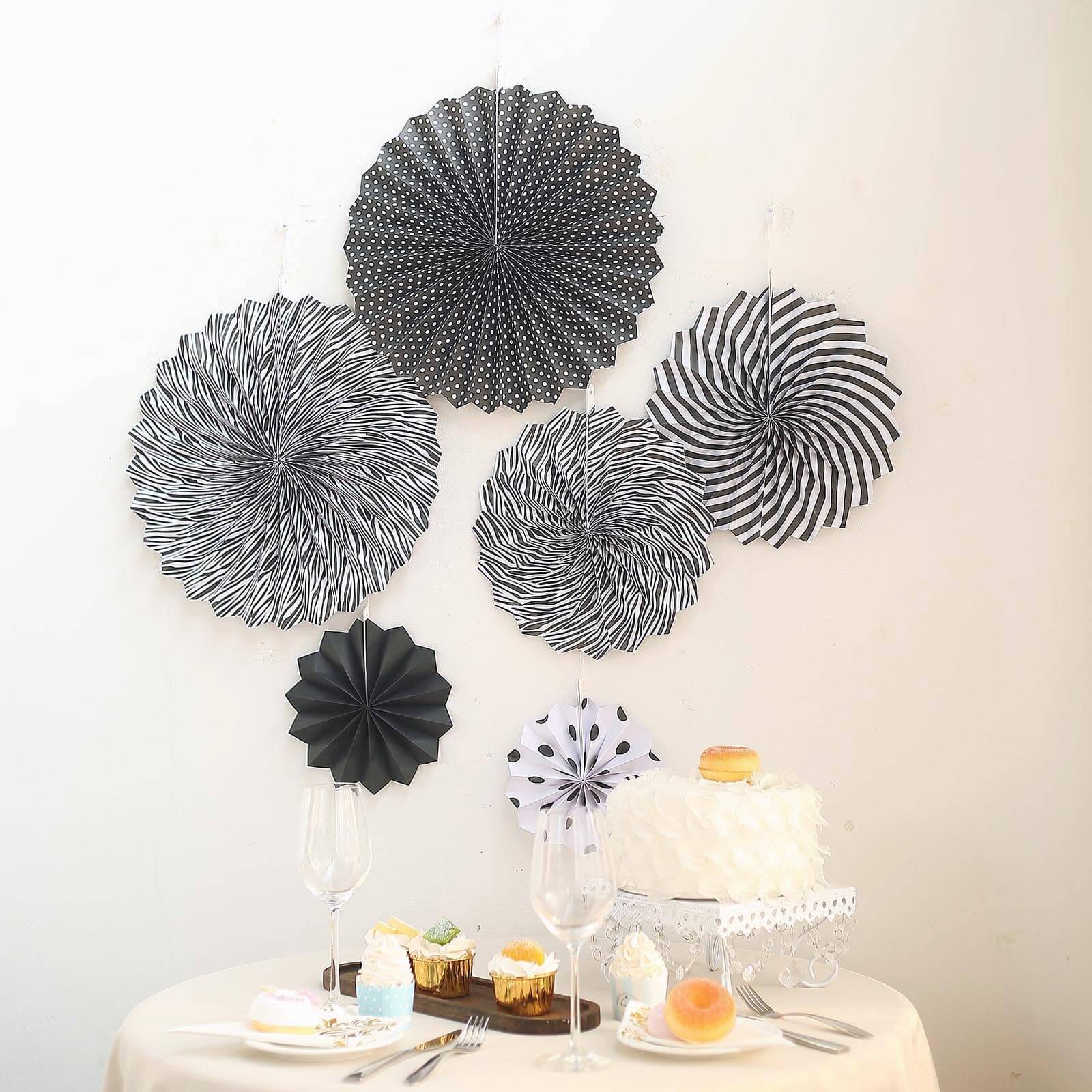 Set of 6 Black White Hanging Paper Fan Decorations, Pinwheel Wall Backdrop Party Kit - 8", 12", 16"