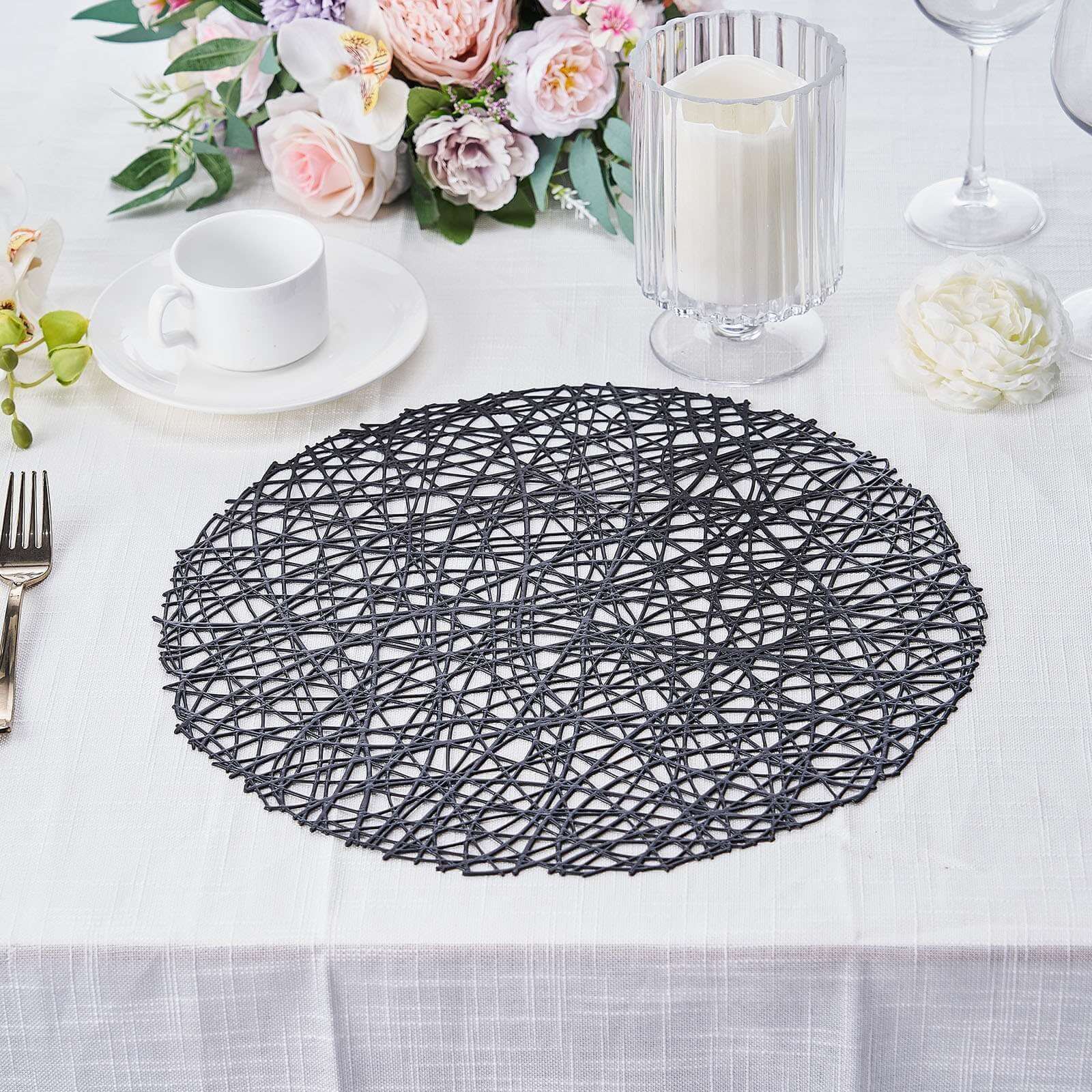 6-Pack Vinyl Placemats Black Woven Design - Durable Non-Slip Round Table Mats for Dining 15"