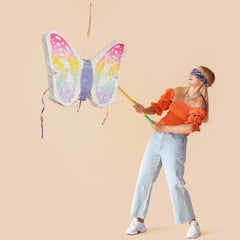 Expandable White Lilac Paper Butterfly Pinata Hanging Decor with Pastel Colored Wings, Fairy Themed Birthday Party Pinata - 23"x19"