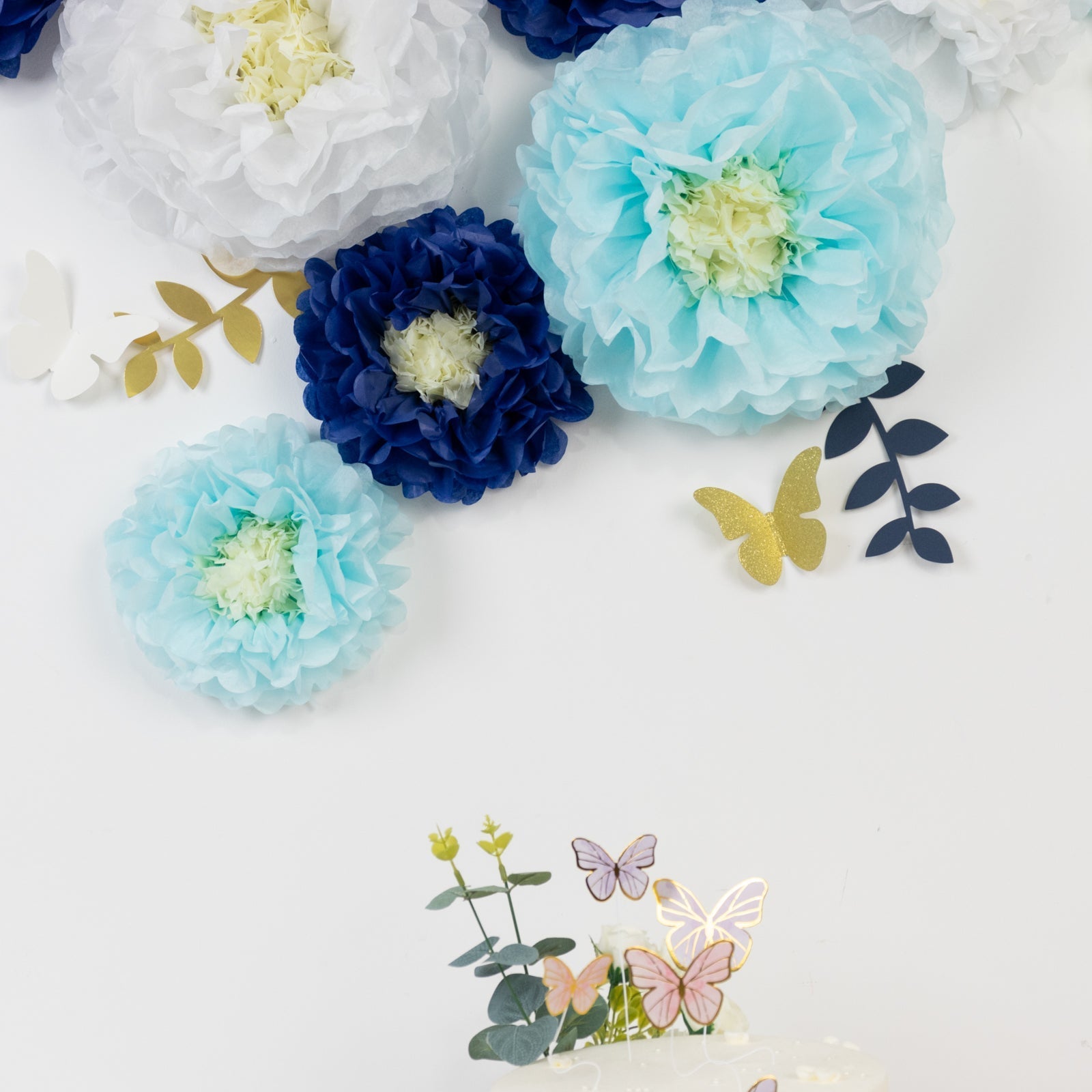 Set of 21 Tissue Paper Flowers Pom Poms Decor Kit – White Blue 3D Chrysanth Floral Wall Decor with Butterflies & Olive Leaves - 8",10",12"
