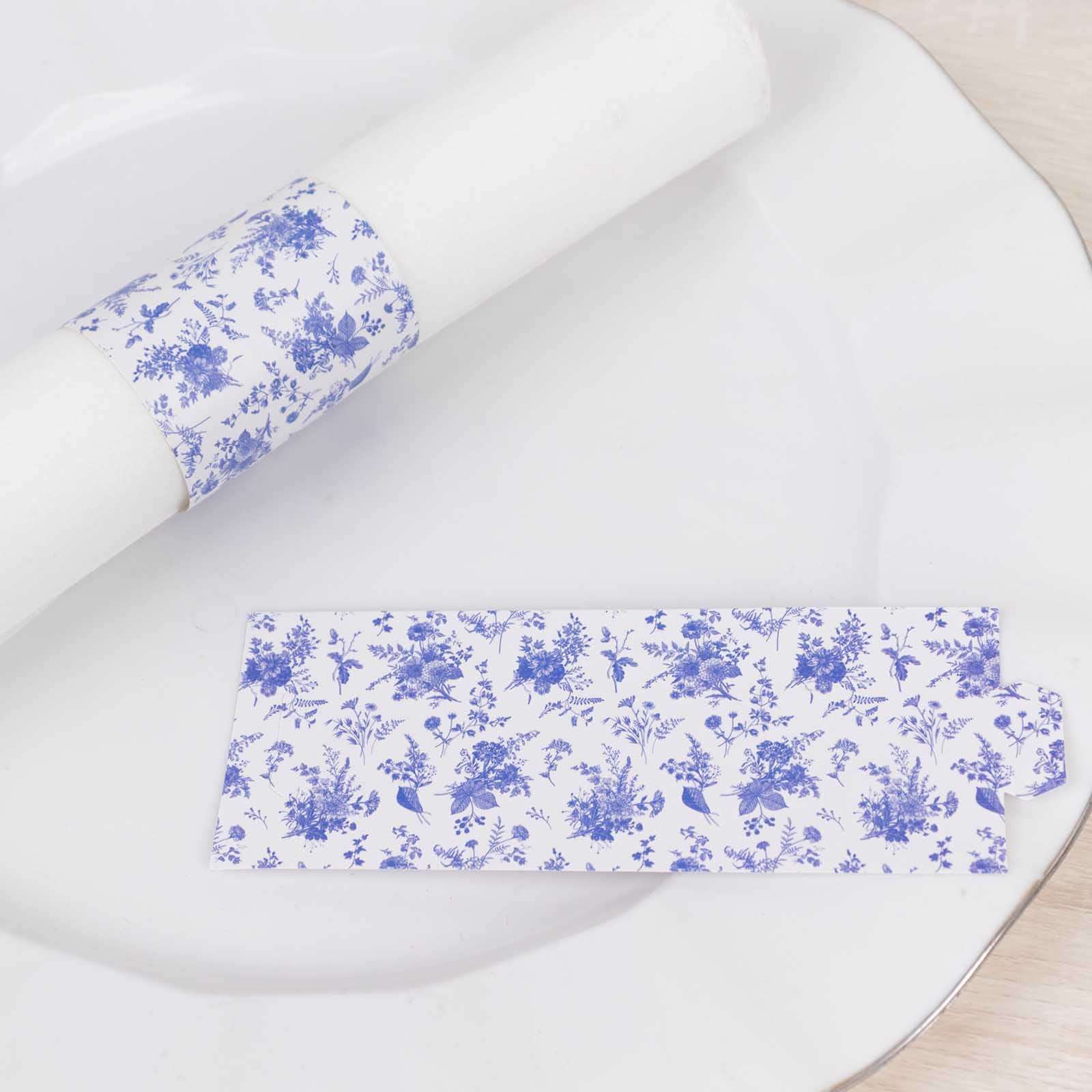 50 Pack White Blue Paper Napkin Holder Bands in French Toile Floral Pattern, Disposable Napkin Rings - 1.5"
