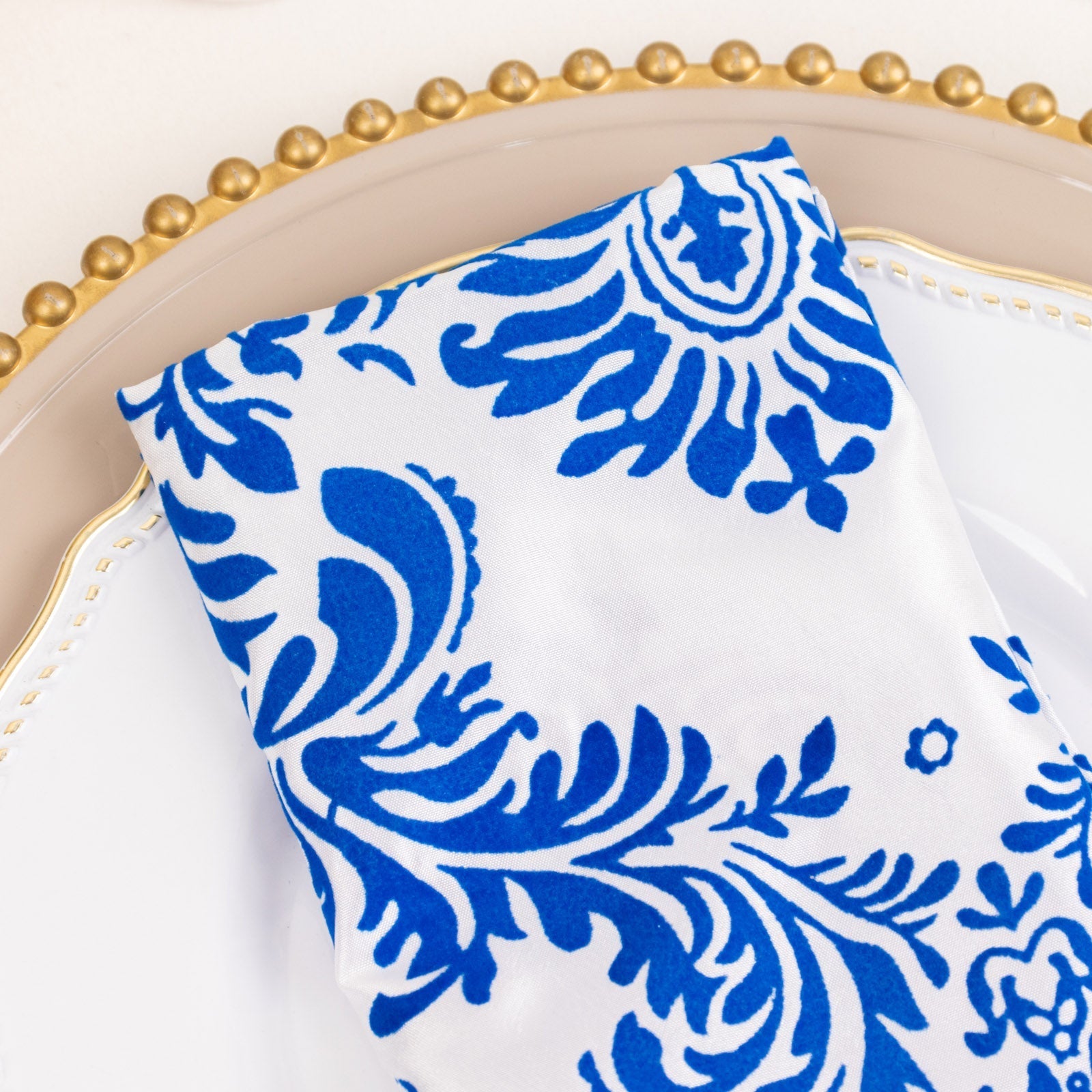 5 Pack Taffeta 20"x20" Napkins Royal Blue/White Damask Flocking Design - Decorative Dinner Napkins