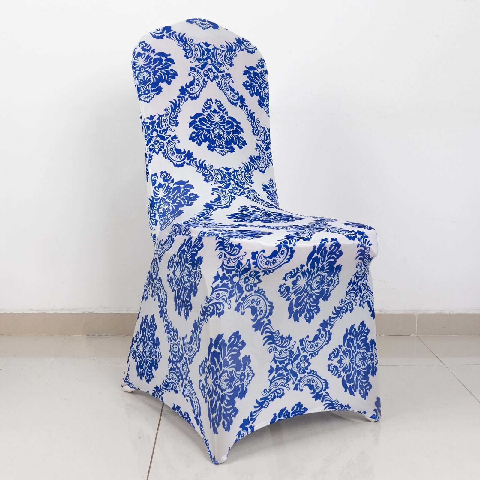 Spandex Banquet Chair Cover Fitted Cover in Royal Blue - Stretch 160gsm Fabric with Foot Pockets & Damask Pattern