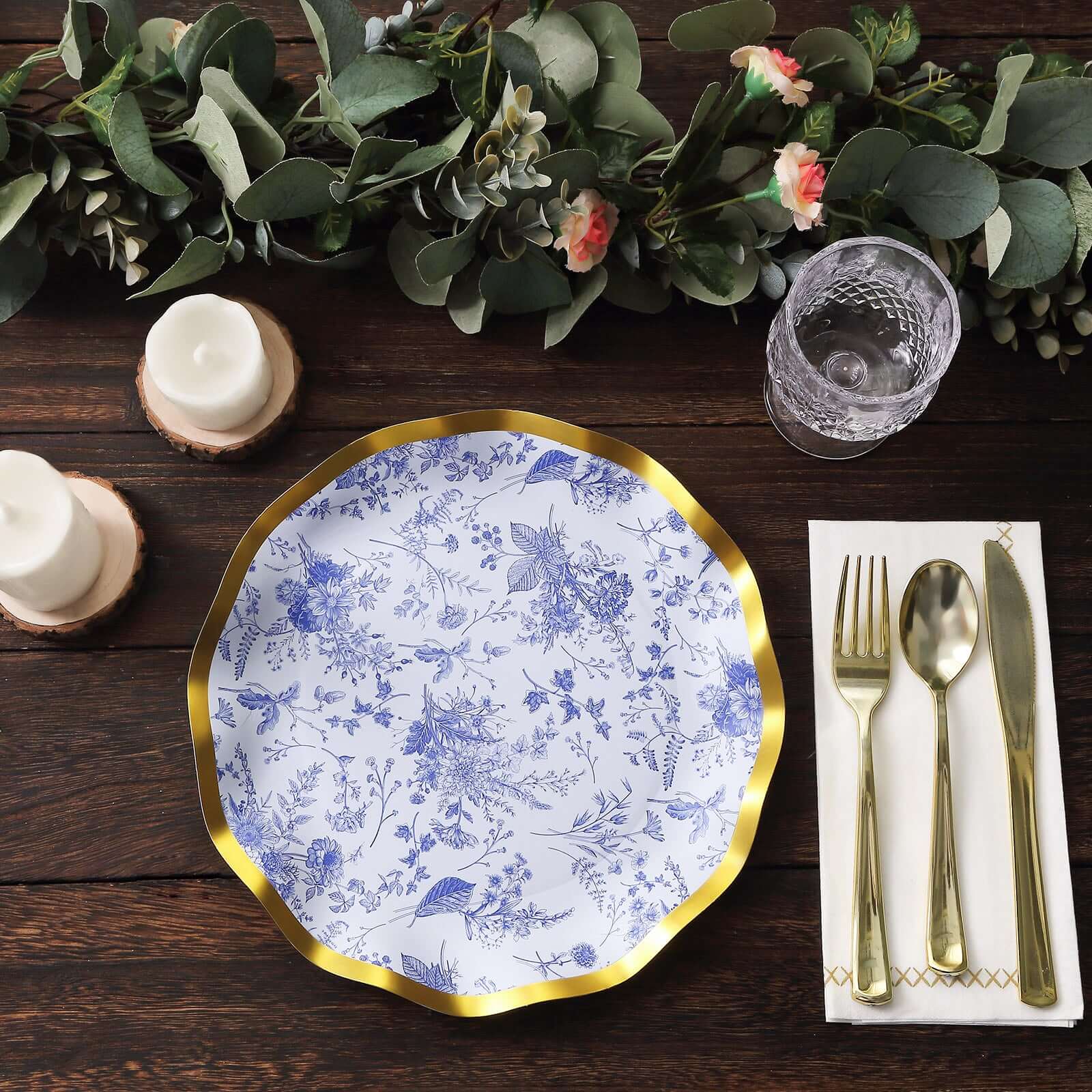 25-Pack Paper Round Dinner Plates 10" in White with Blue French Toile Pattern & Gold Wavy Rim - Disposable 350GSM Party Plates